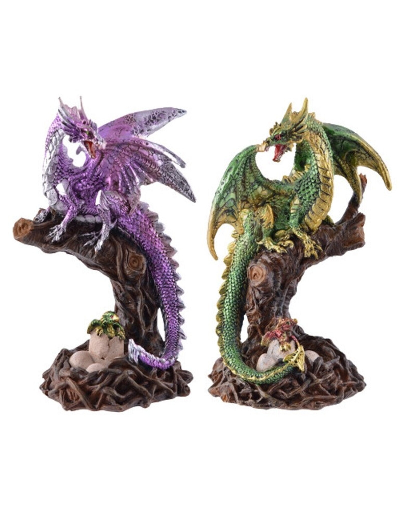 VG Giftware & Lifestyle - Dragon sitting on tree with baby dragon - set of 2 green/purple