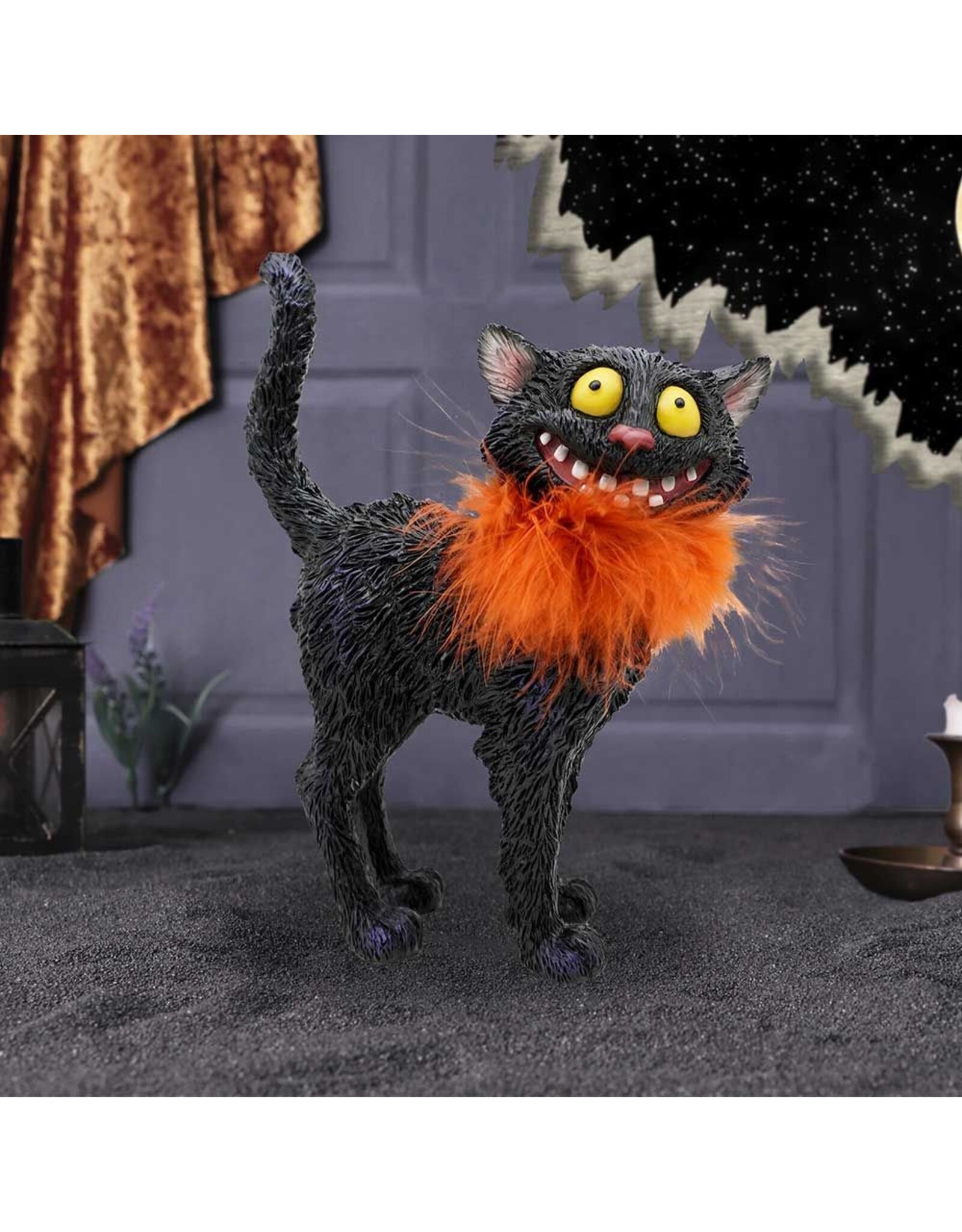 NemesisNow Giftware & Lifestyle -  Furdinand Black Cat with Oranje Feather Boa 23cm