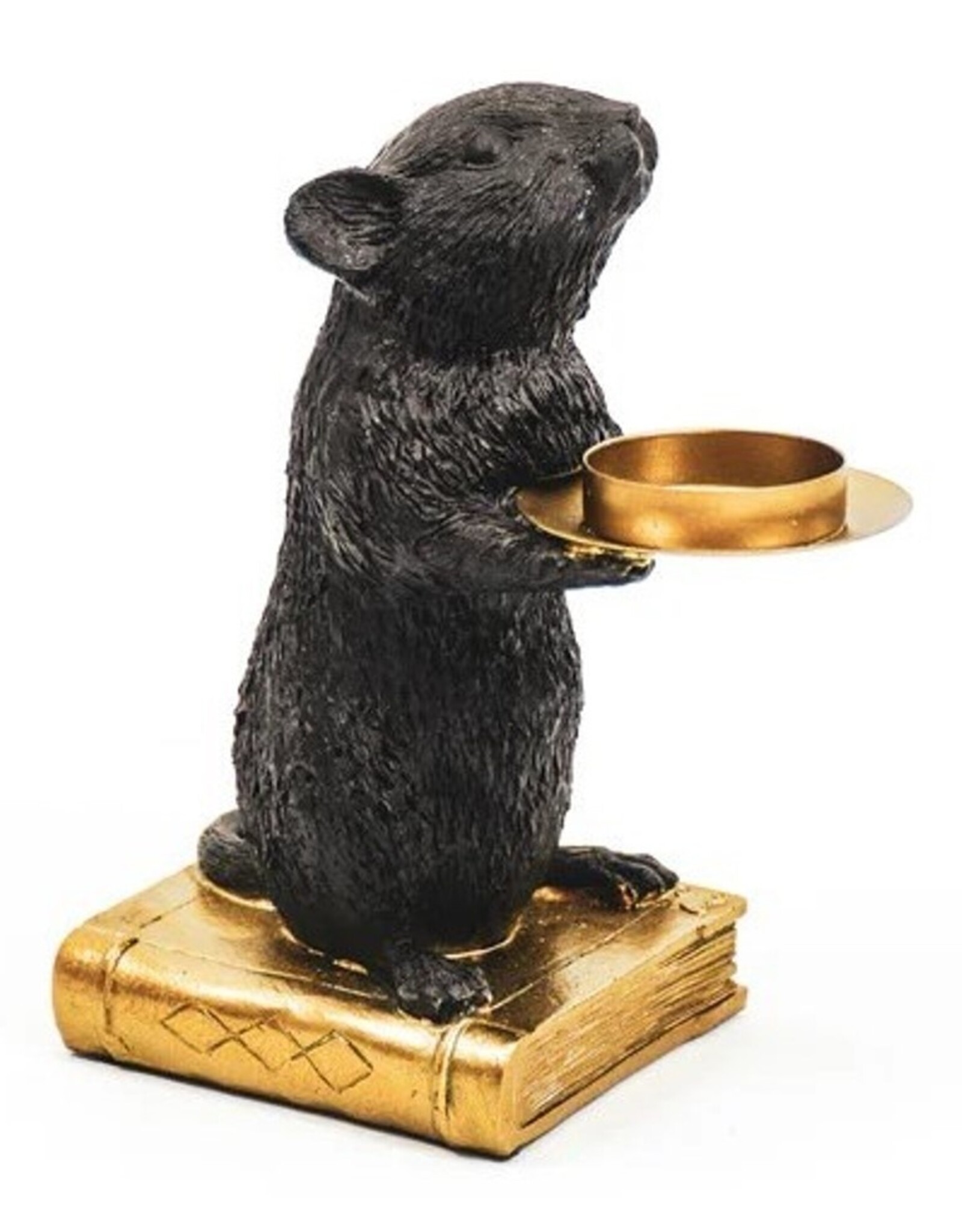 Trukado Giftware Beelden Collectables  - Kandelaar Zwarte Muis op Gouden Boek 16cm