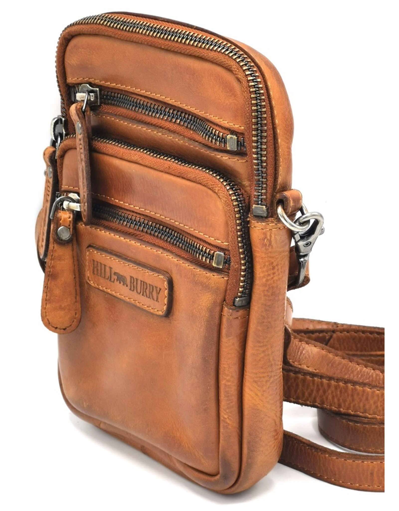 HillBurry Leren Schoudertassen Leren crossbody tassen - Hillburry Leren Schoudertas met Ritsvakjes Cognac