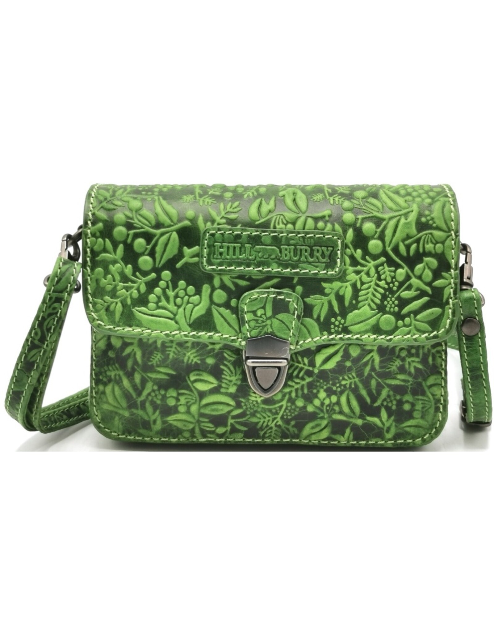 Hillburry Leren Schoudertassen Leren crossbody tassen - Hillburry Leren Festivaltasje met Bladeren Reliëf groen