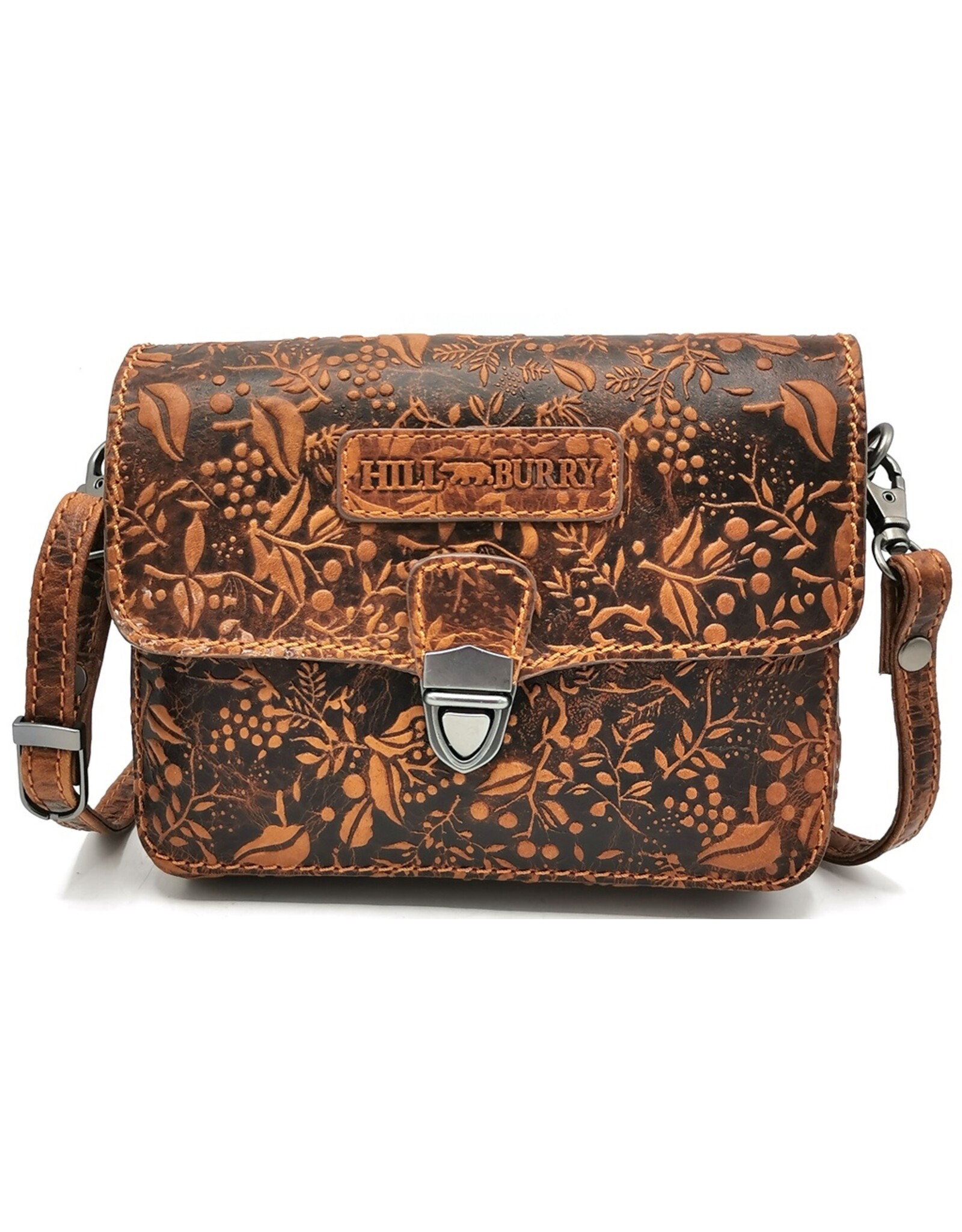 HillBurry Leren Schoudertassen Leren crossbody tassen - Hillburry Leren Festivaltasje met Bladeren Reliëf tan