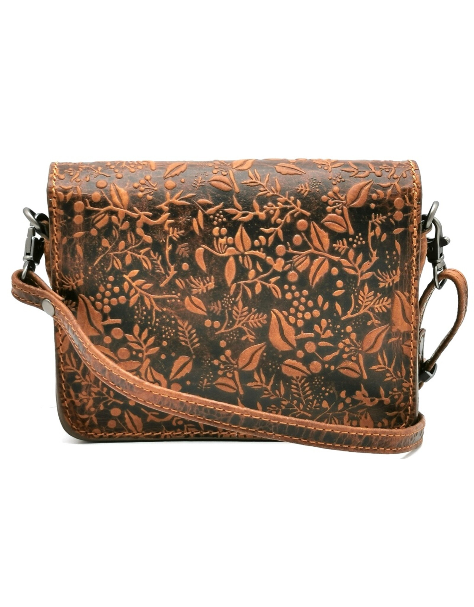 HillBurry Leren Schoudertassen Leren crossbody tassen - Hillburry Leren Festivaltasje met Bladeren Reliëf tan