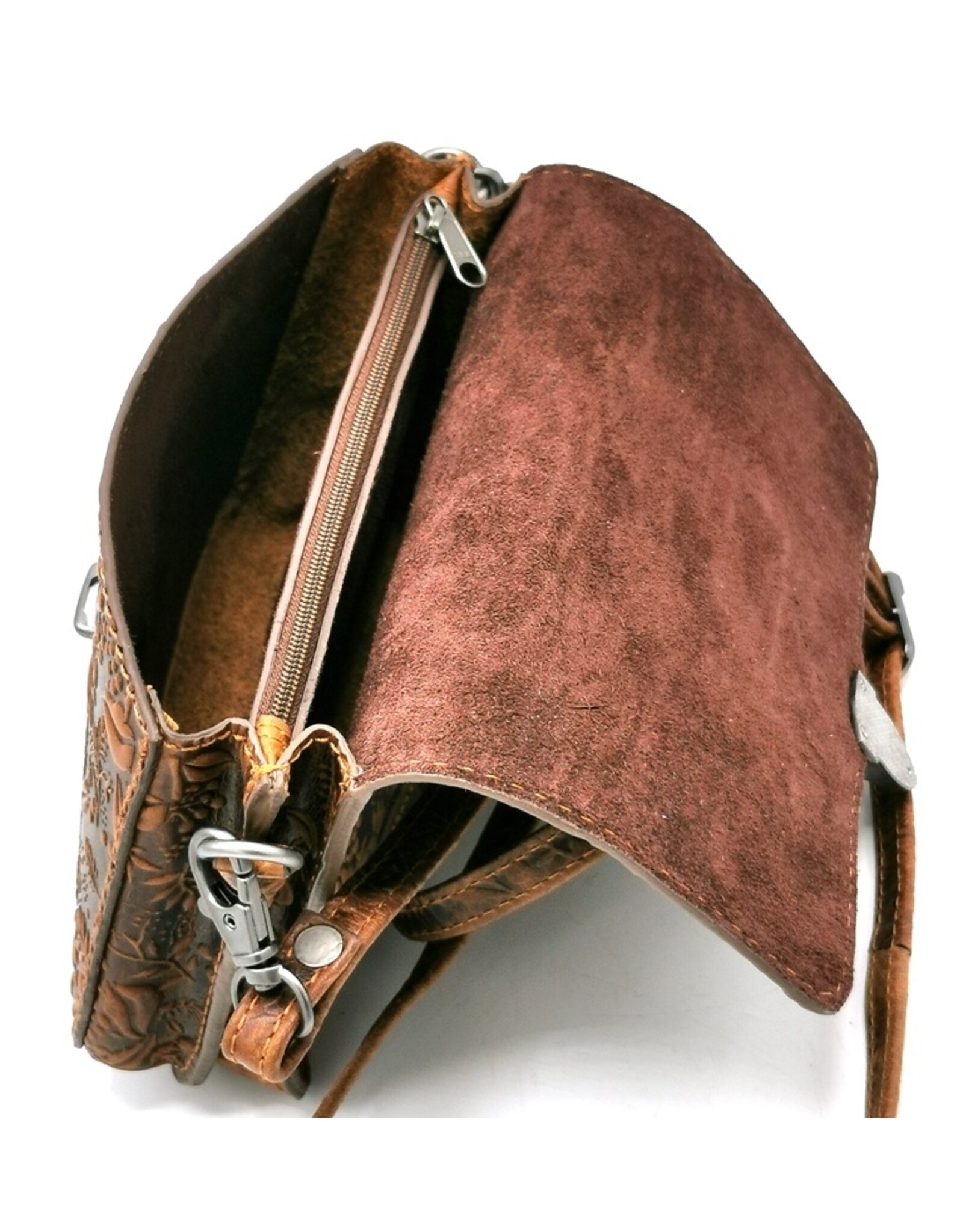 HillBurry Leren Schoudertassen Leren crossbody tassen - Hillburry Leren Festivaltasje met Bladeren Reliëf tan