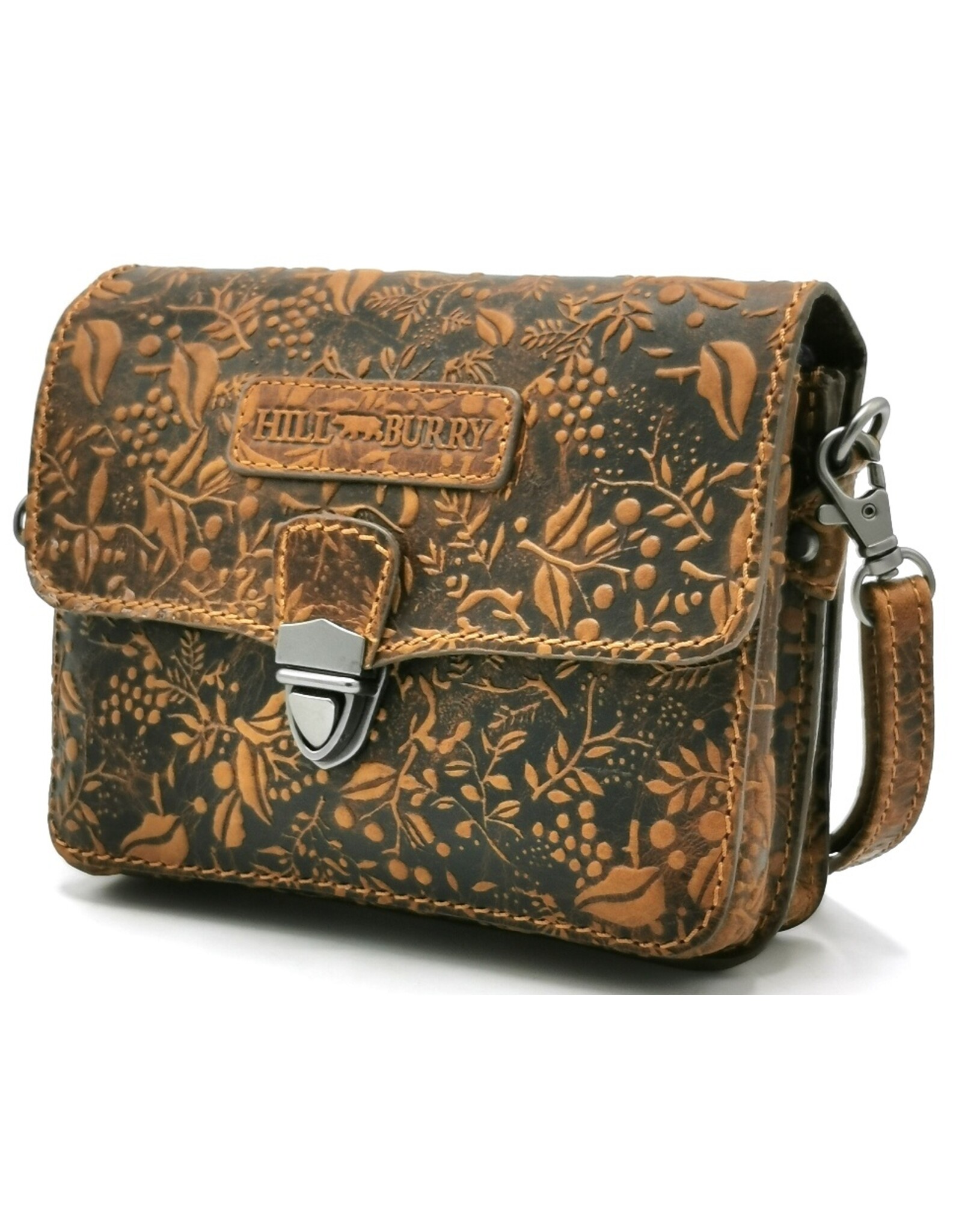 HillBurry Leren Schoudertassen Leren crossbody tassen - Hillburry Leren Festivaltasje met Bladeren Reliëf tan