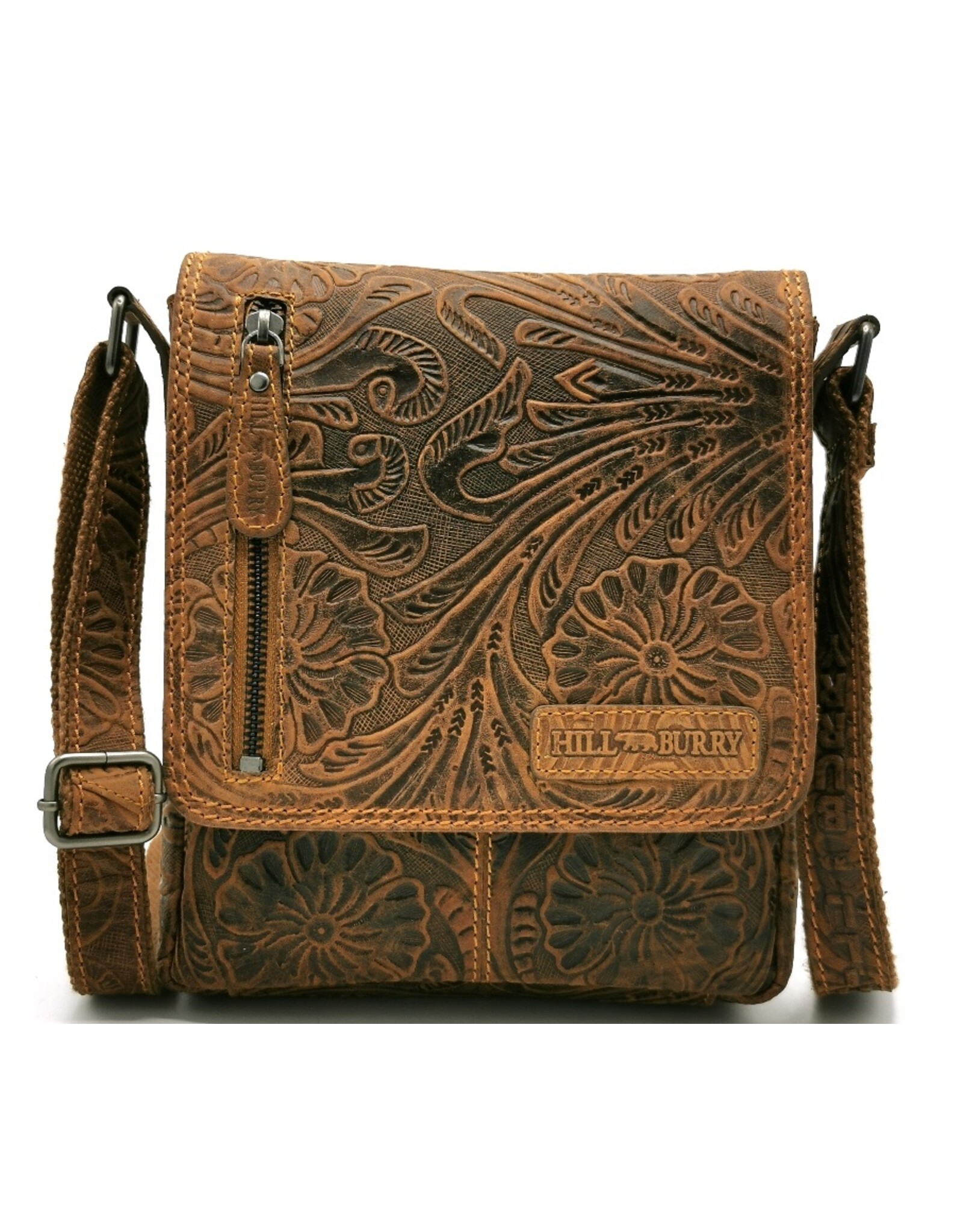 HillBurry Leren tassen - HillBurry Leren Schoudertas met Bloemenmotief Naturel