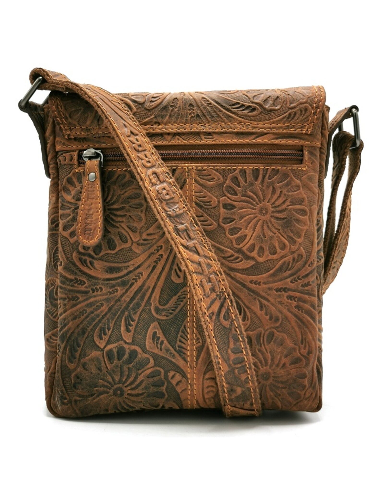 HillBurry Leren tassen - HillBurry Leren Schoudertas met Bloemenmotief Naturel