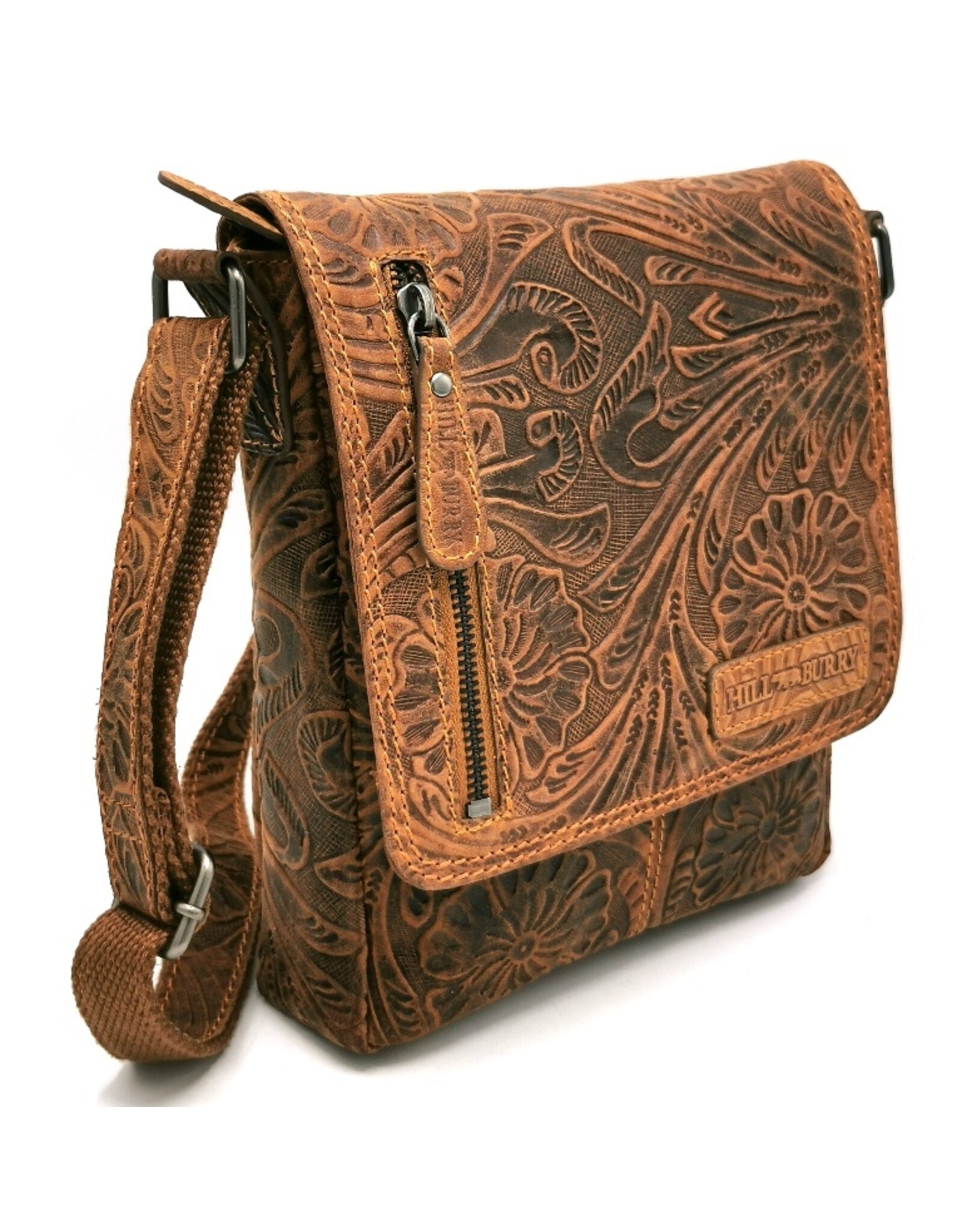 HillBurry Leren tassen - HillBurry Leren Schoudertas met Bloemenmotief Naturel