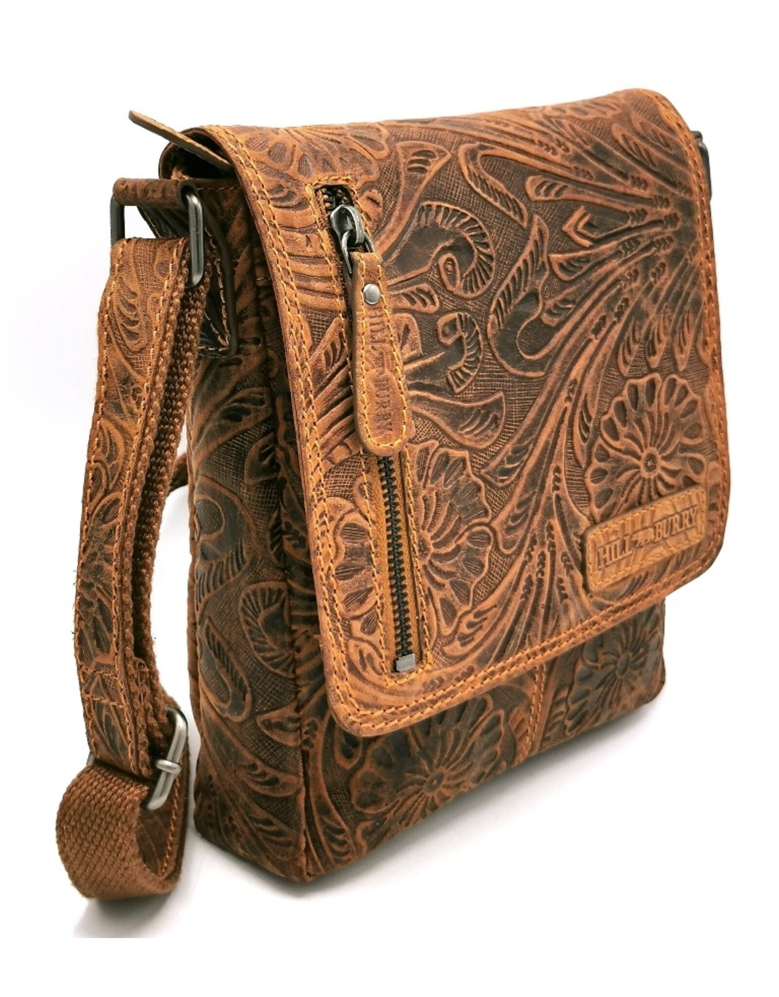 HillBurry Leren tassen - HillBurry Leren Schoudertas met Bloemenmotief Naturel