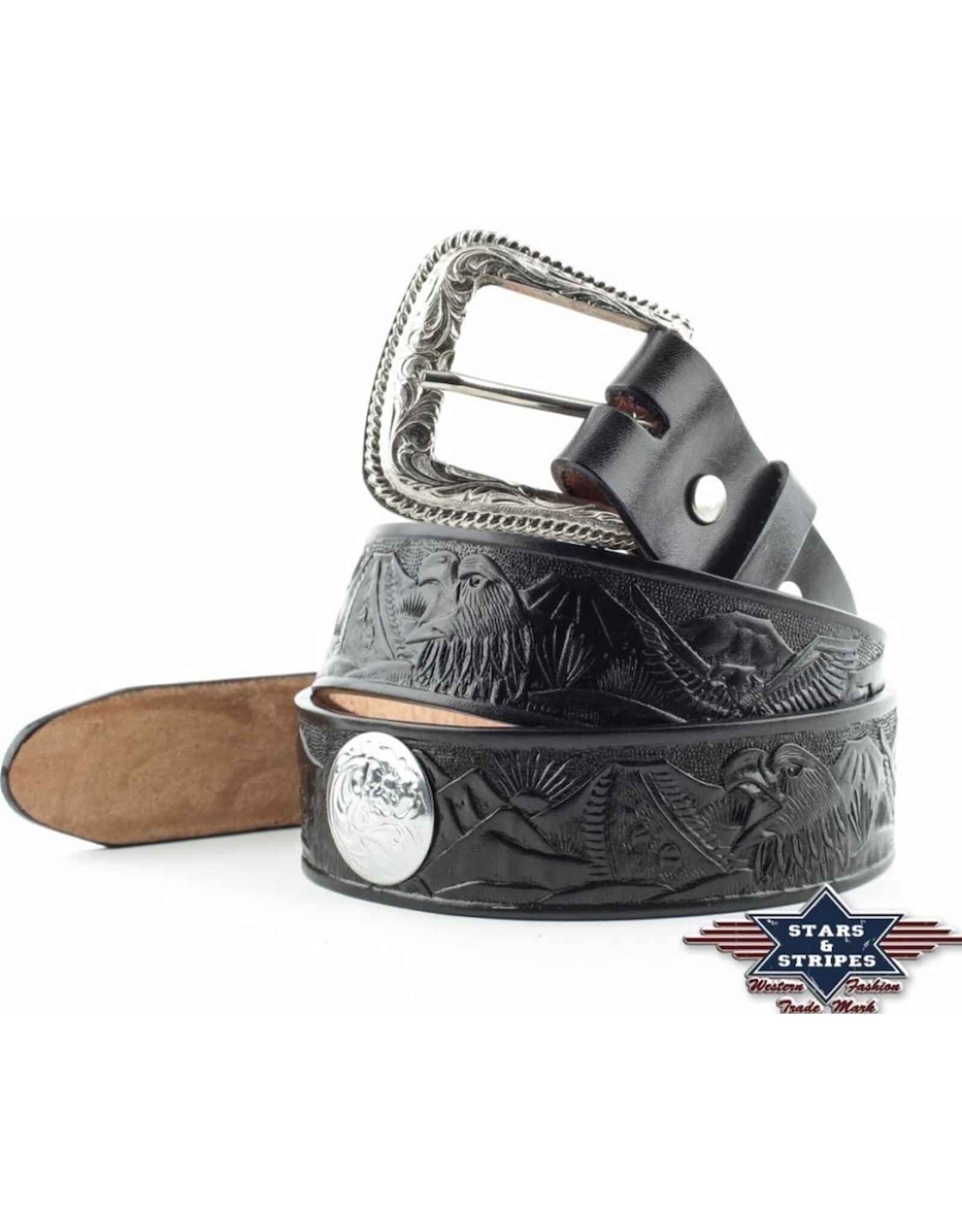 Stars&Stripes Leren riemen en buckles - Westernriem Adelaar reliëf zwart, verwisselbare gesp