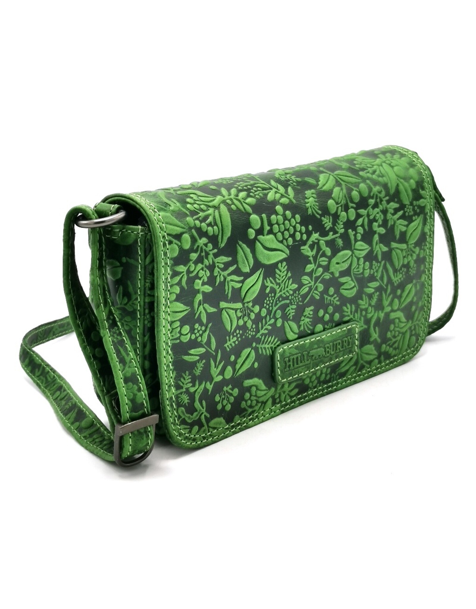 HillBurry Leather Festival bags, waist bags and belt bags - HillBurry Leather Shoulder Bag with Embossed Leaves green