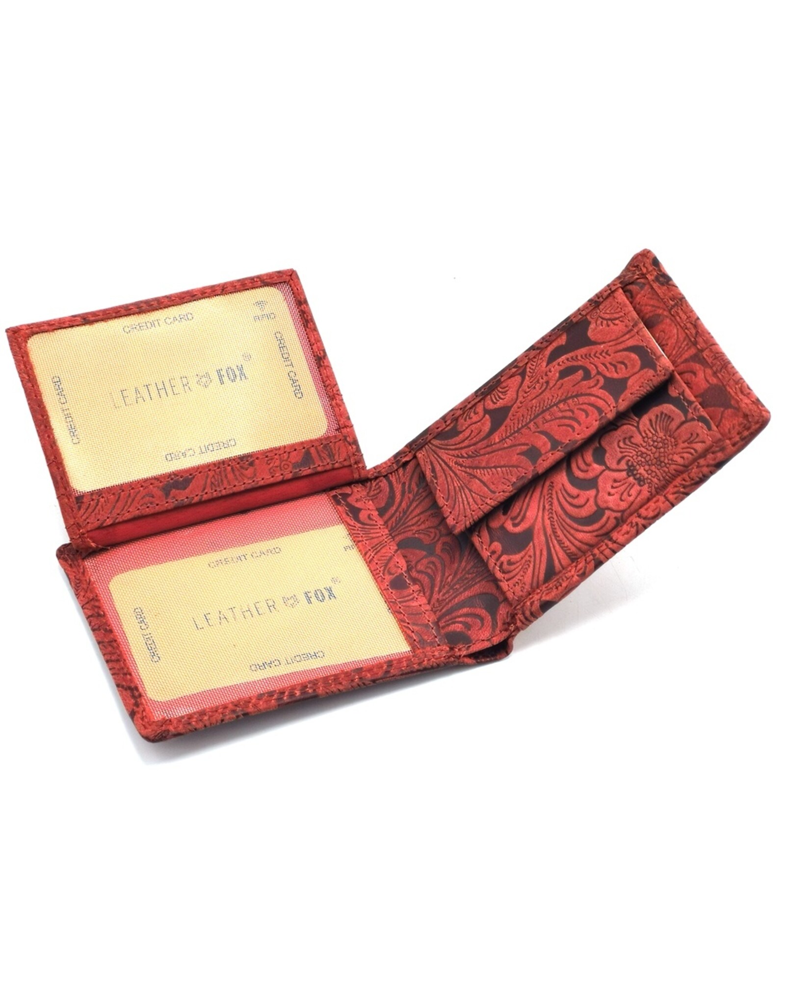 Leather Fox Leather Wallets -  Leather Wallet with Floral Relief red (small)