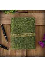 BB Miscellaneous - Green Leather Journal Embossed Flowers & Key Handmade Vintage