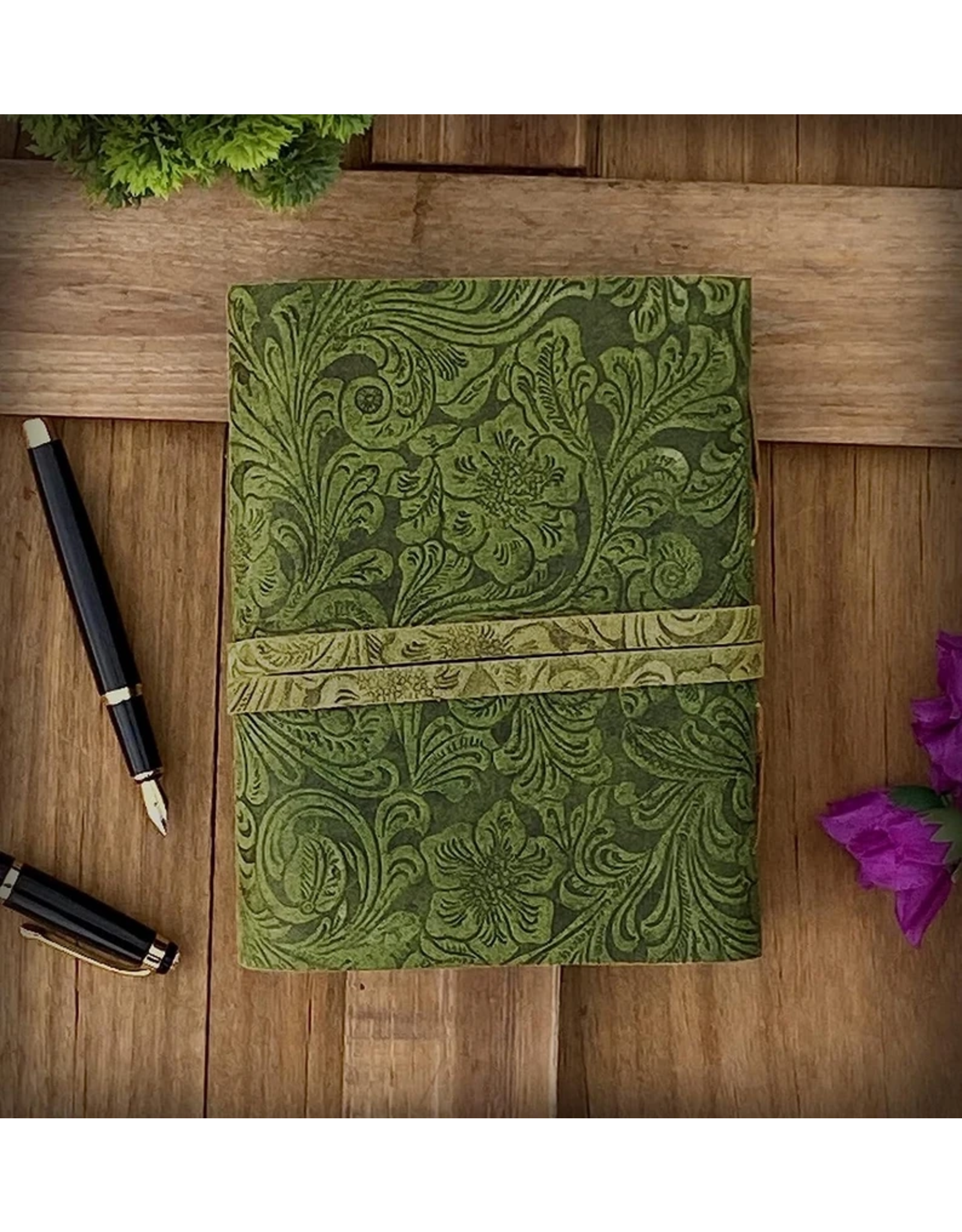 BB Miscellaneous - Green Leather Journal Embossed Flowers & Key Handmade Vintage