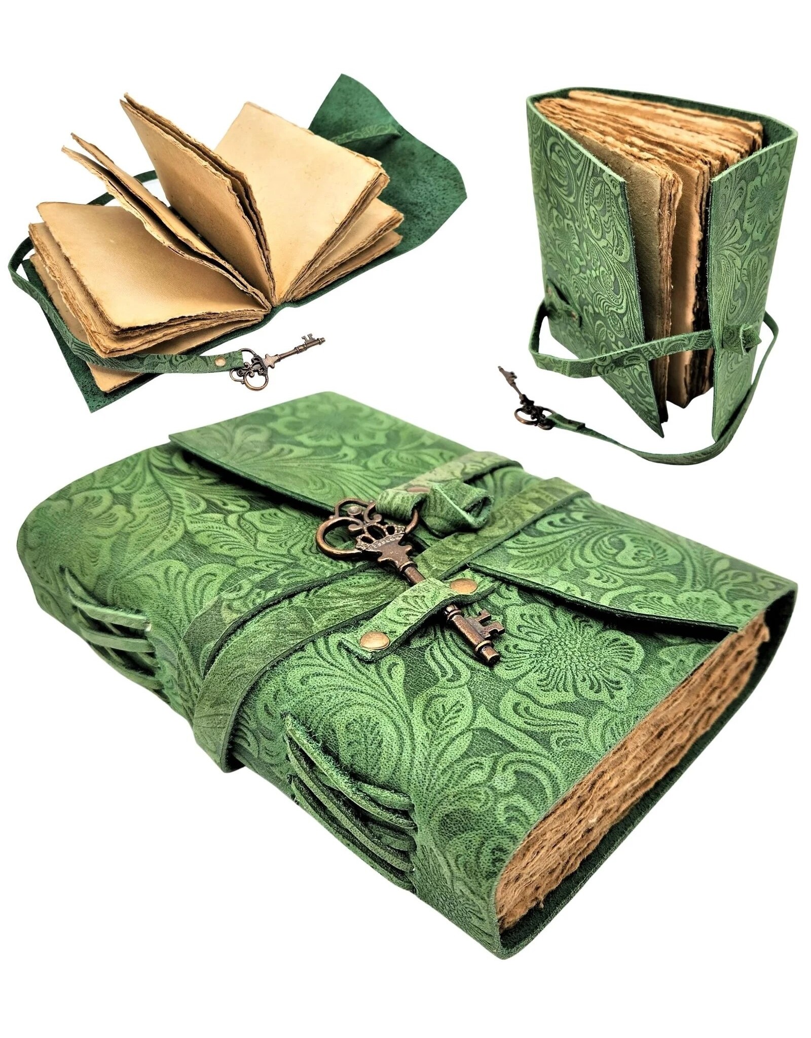 BB Miscellaneous - Green Leather Journal Embossed Flowers & Key Handmade Vintage