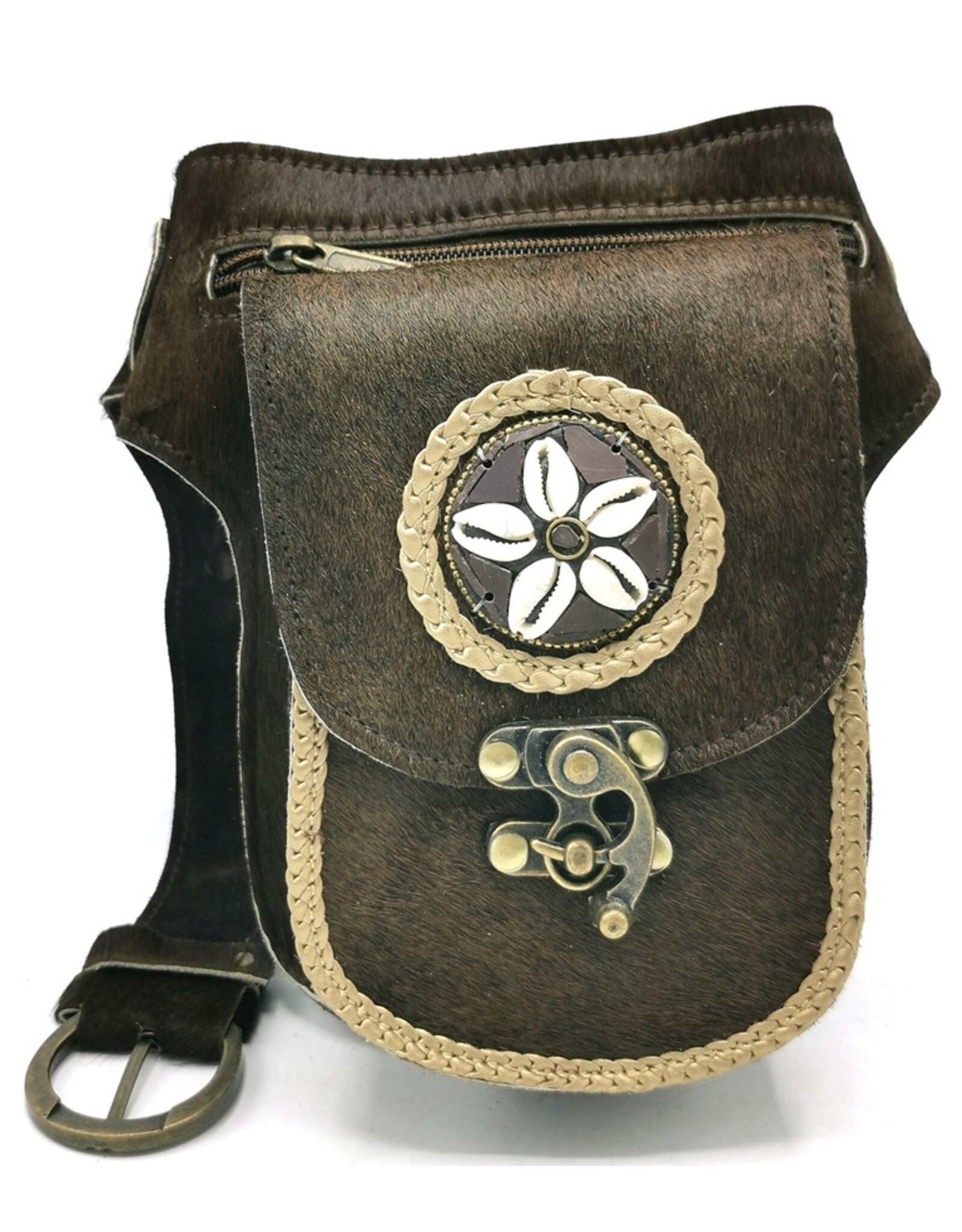 Trukado Leren Festivaltasjes, heuptassen en riemtassen - Koeienhuid Heuptas met Schelpen en Vintage Haakje Indian