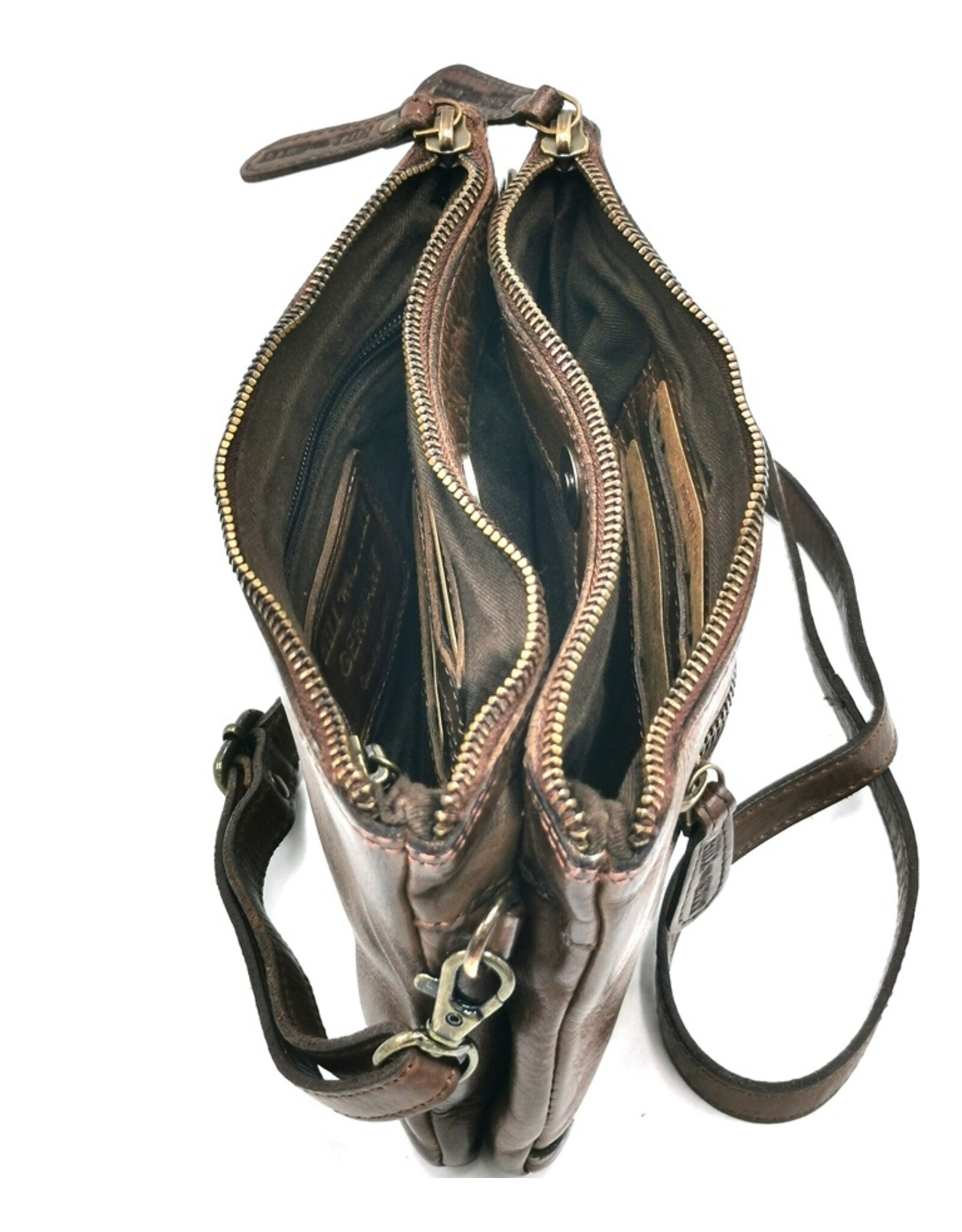 HillBurry Leren tassen - Hillburry Schoudertas-Clutch met vakjes Gewassen Leer bruin