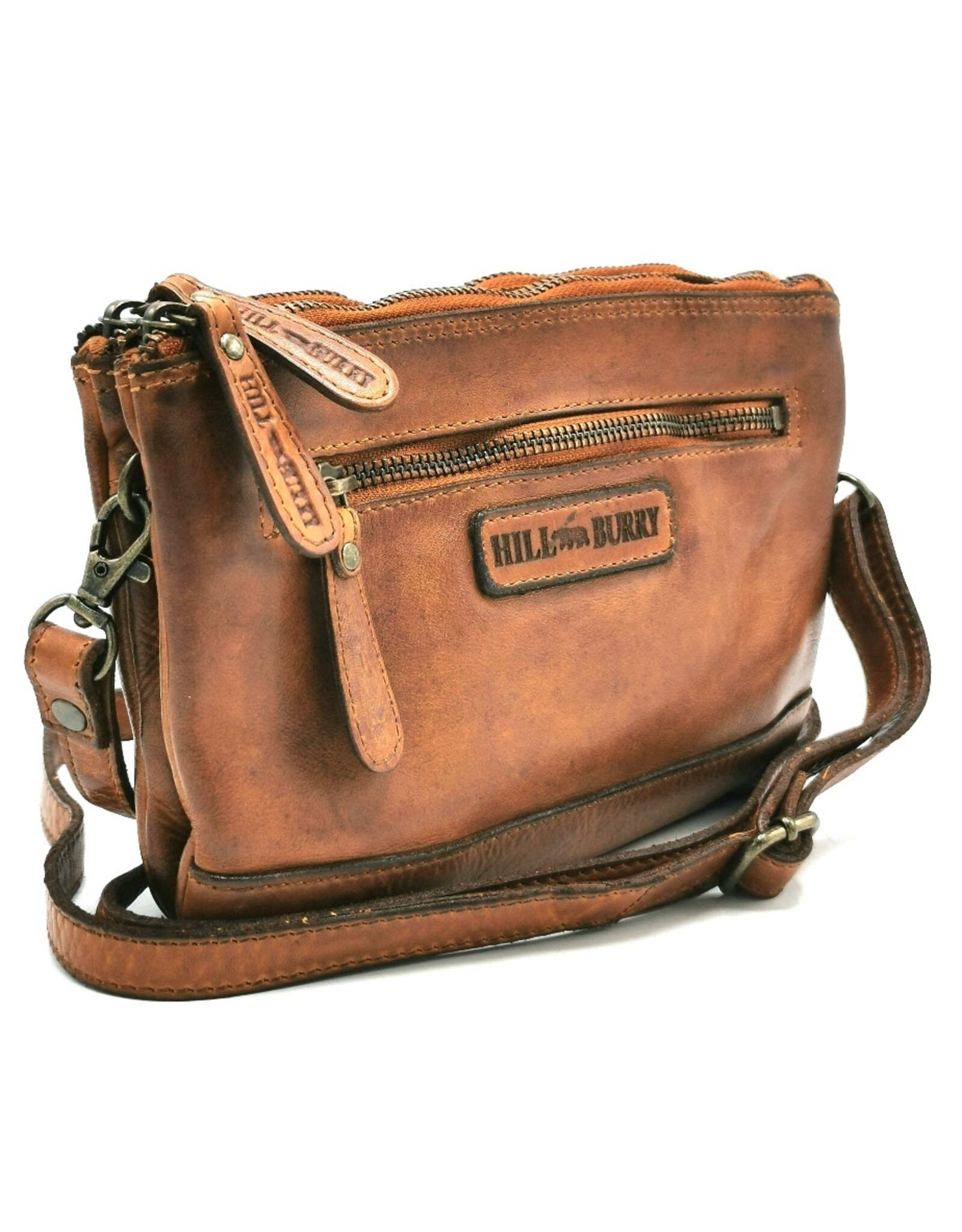 HillBurry Leather bags - Hillburry Shoulder Bag-Clutch with compartements Washed Leather cognac