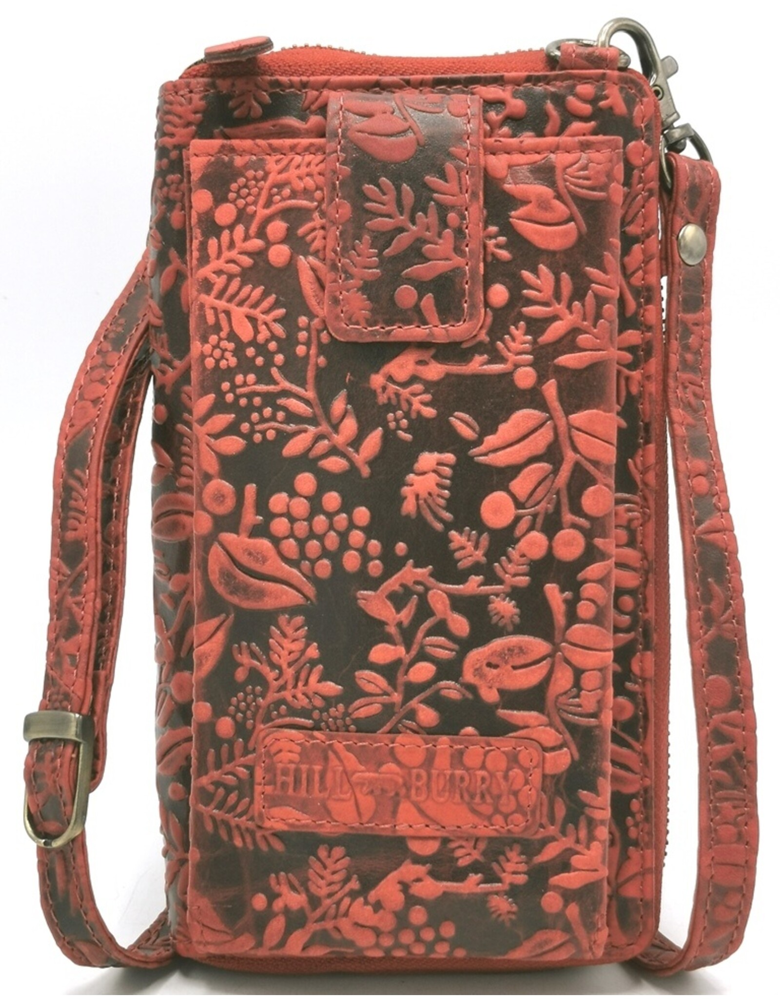 HillBurry Leather Festival bags, waist bags and belt bags - HillBurry Phone Bag-Wallet Embossed leaves red