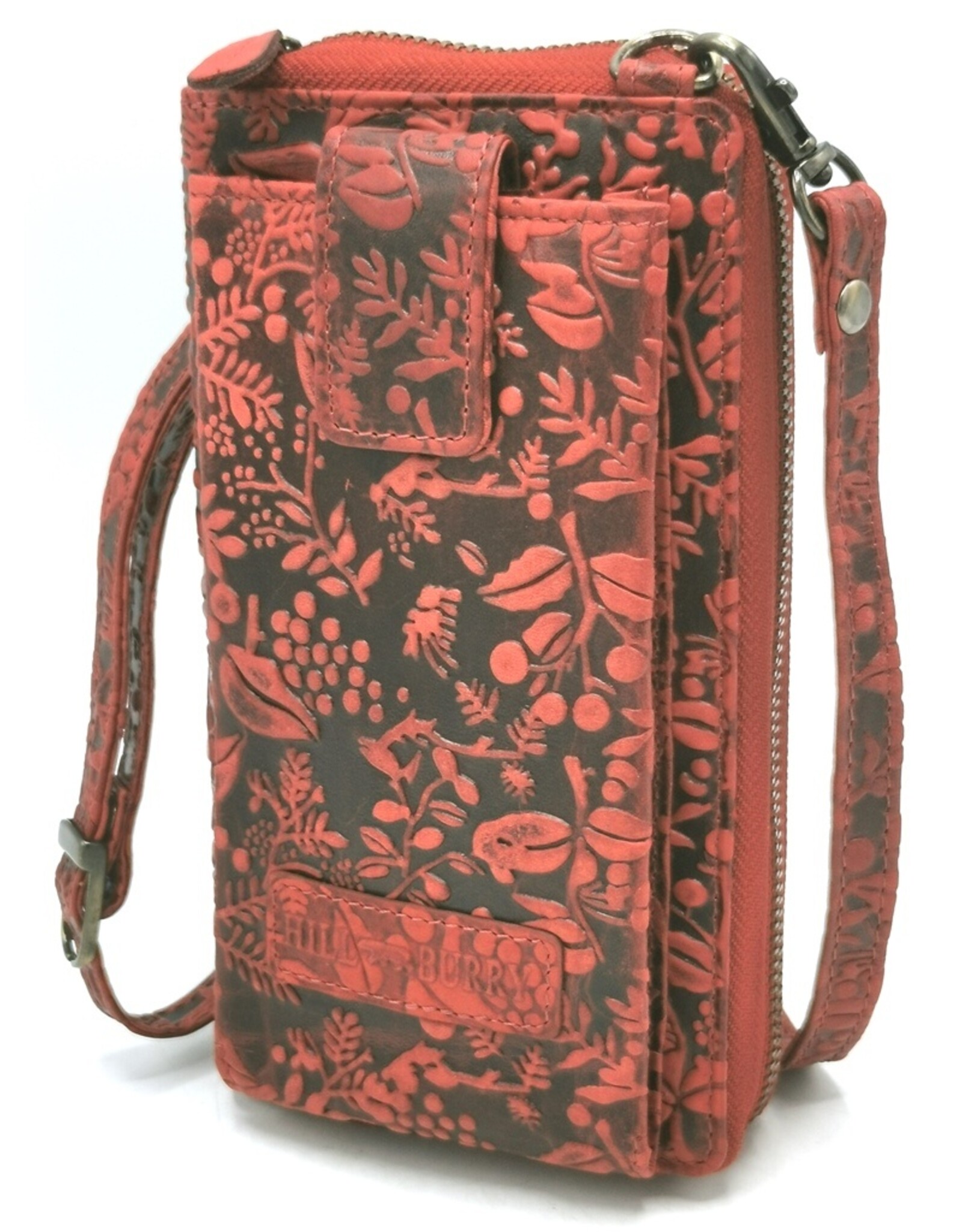 HillBurry Leren Festivaltasjes, heuptassen en riemtassen - HillBurry Telefoontas-Portemonnee Bladeren reliëf rood
