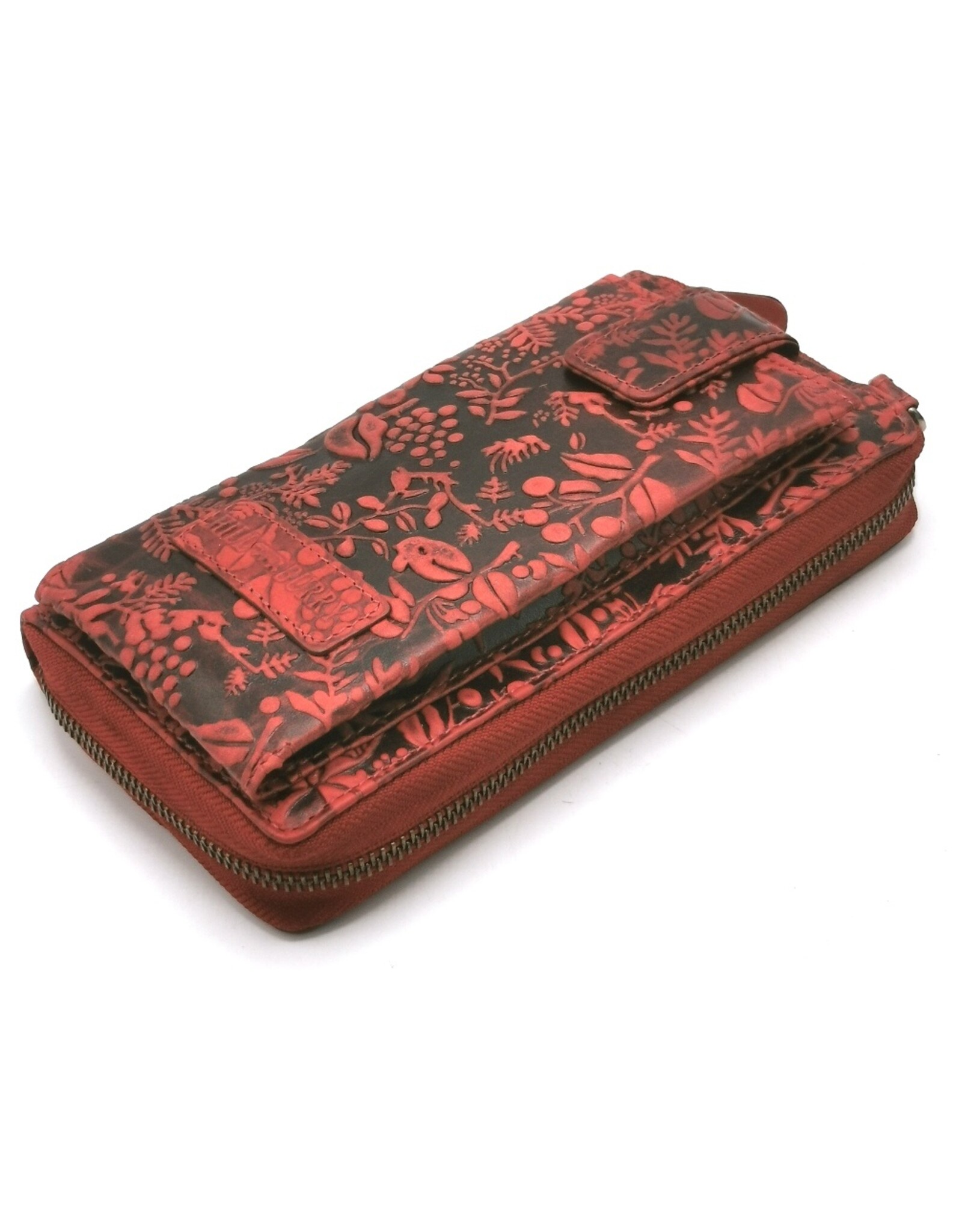 HillBurry Leather Festival bags, waist bags and belt bags - HillBurry Phone Bag-Wallet Embossed leaves red