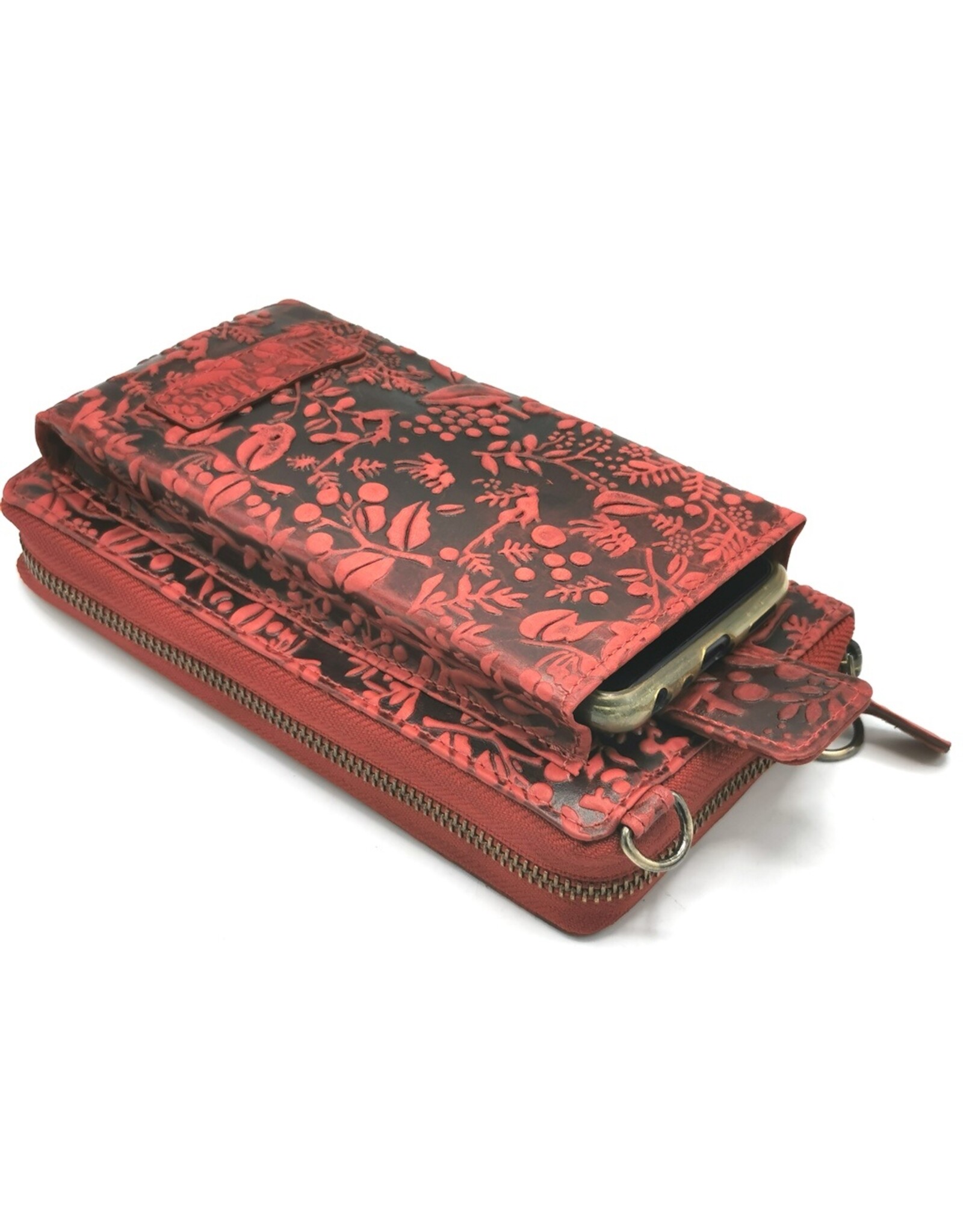 HillBurry Leather Festival bags, waist bags and belt bags - HillBurry Phone Bag-Wallet Embossed leaves red