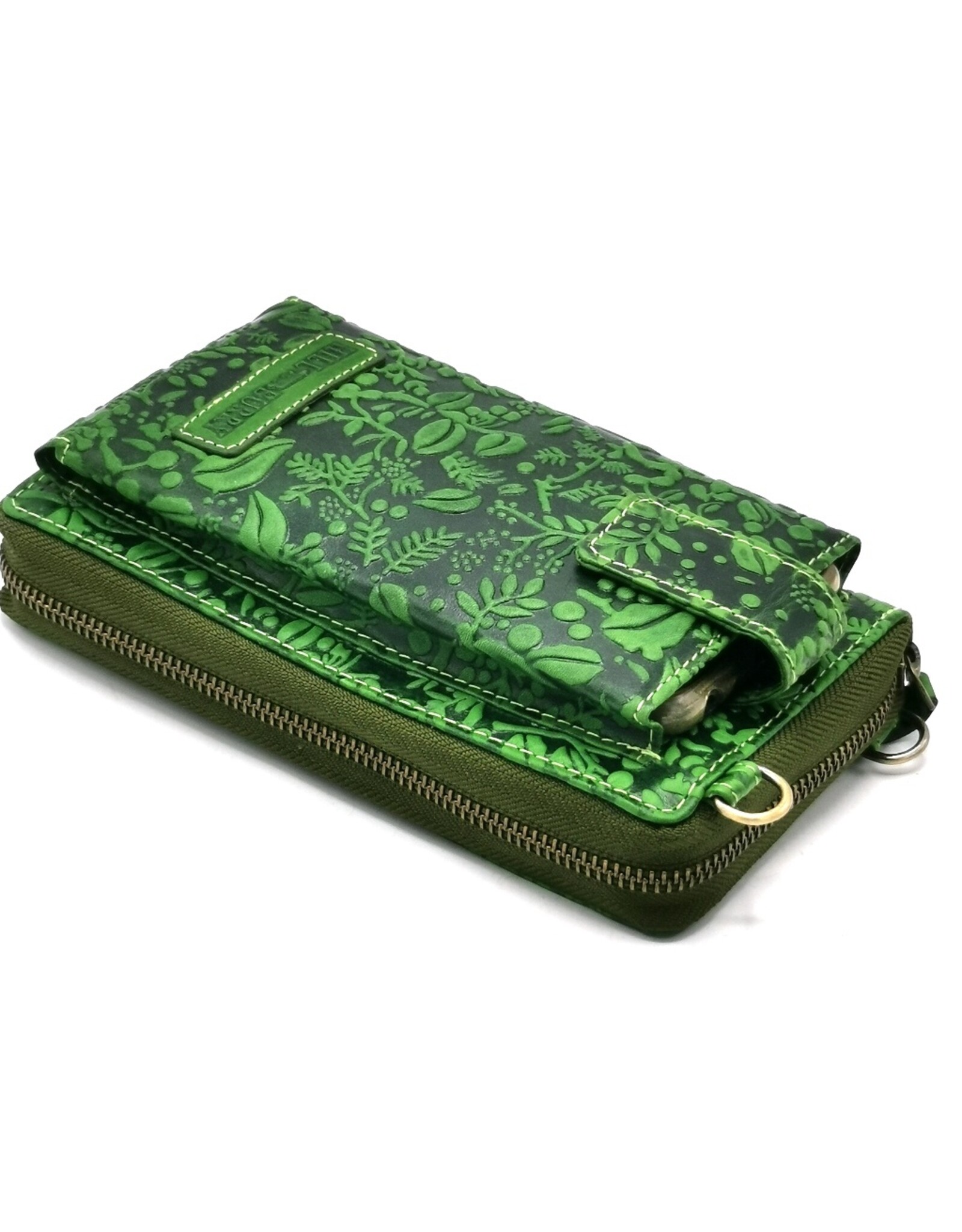 HillBurry Leren Festivaltasjes, heuptassen en riemtassen - HillBurry Telefoontas-Portemonnee Bladeren reliëf groen