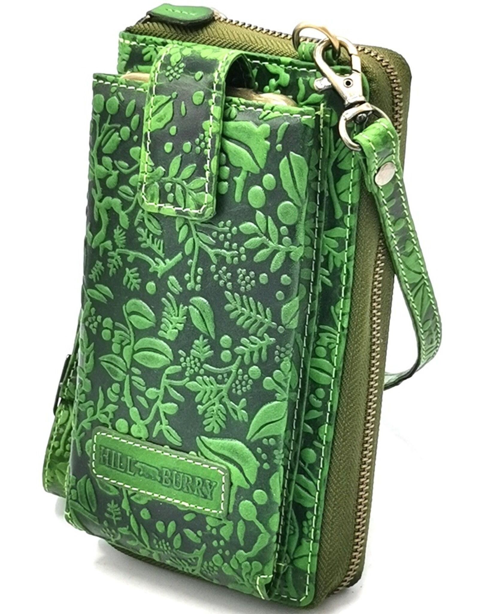 HillBurry Leren Festivaltasjes, heuptassen en riemtassen - HillBurry Telefoontas-Portemonnee Bladeren reliëf groen