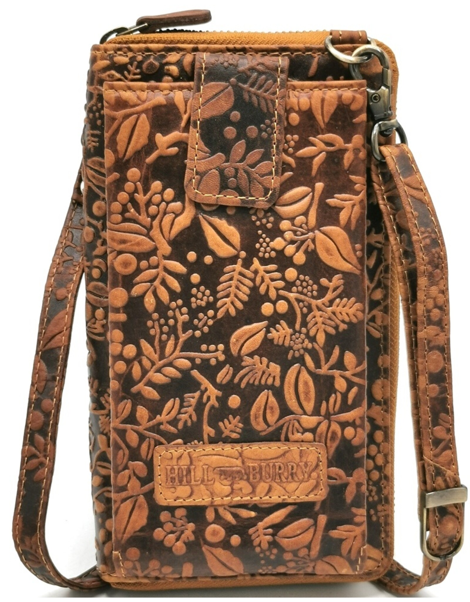HillBurry Leather Festival bags, waist bags and belt bags - HillBurry Phone Bag-Wallet Embossed leaves tan
