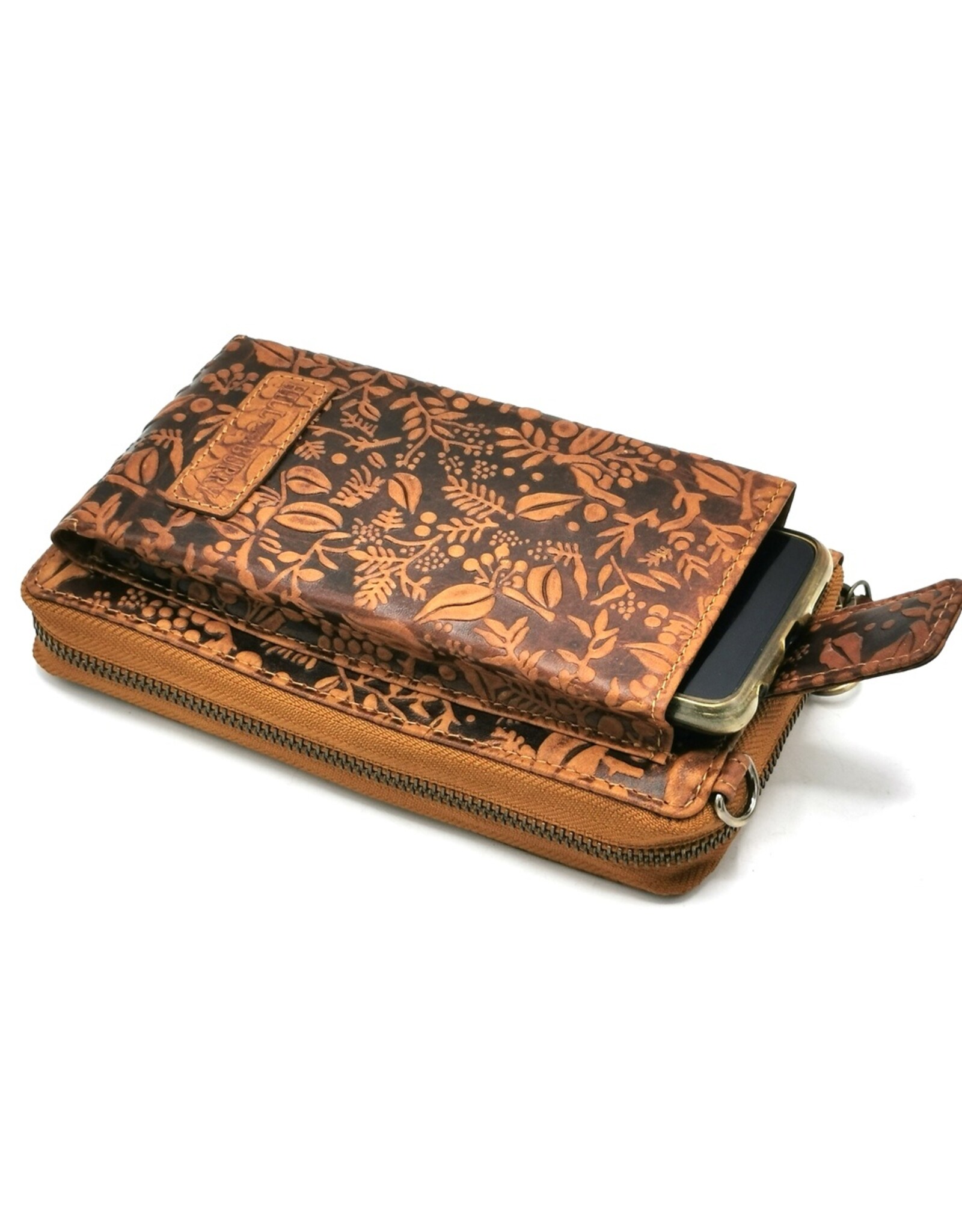 HillBurry Leren Festivaltasjes, heuptassen en riemtassen - HillBurry Telefoontas-Portemonnee Bladeren reliëf tan