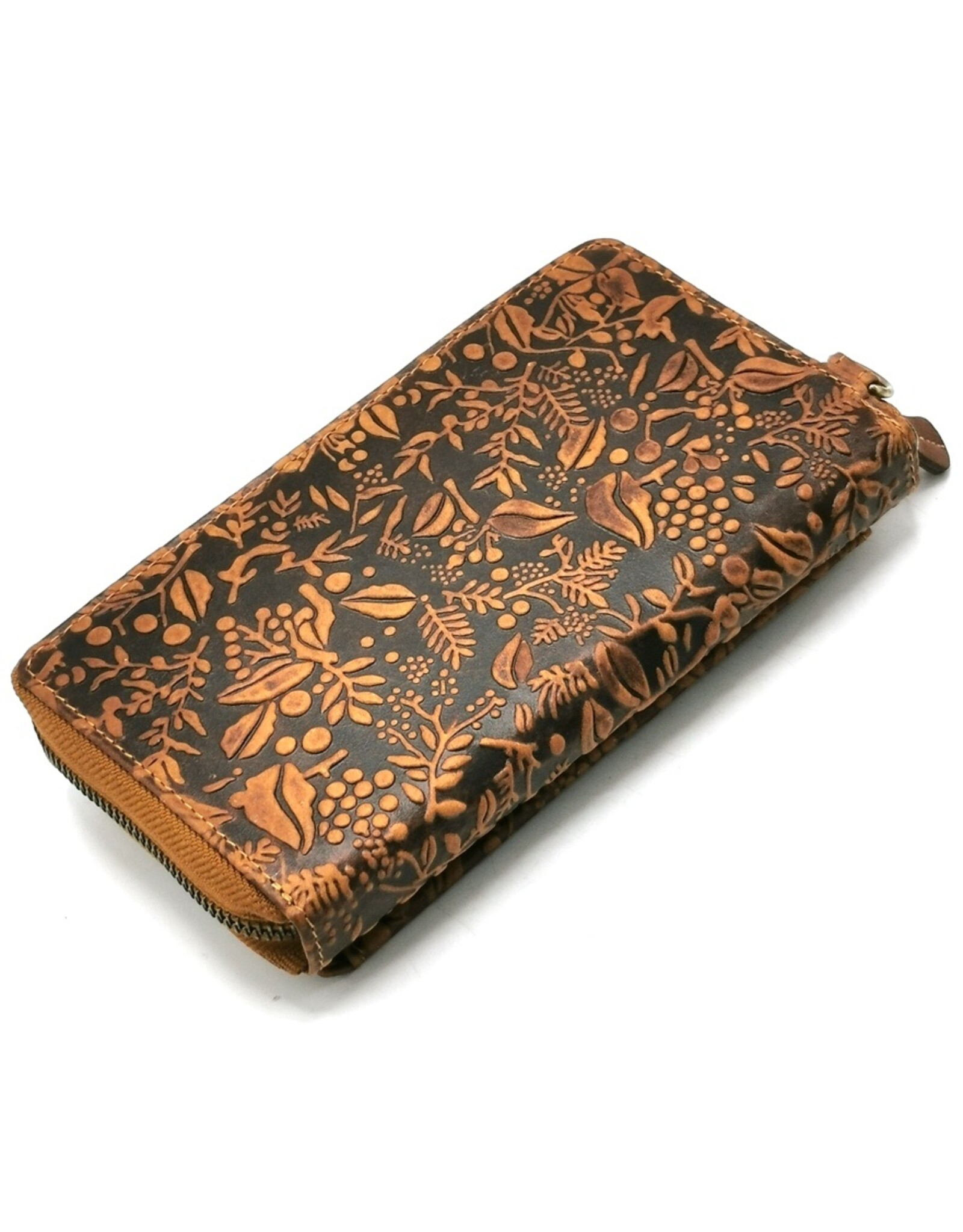 HillBurry Leren Festivaltasjes, heuptassen en riemtassen - HillBurry Telefoontas-Portemonnee Bladeren reliëf tan