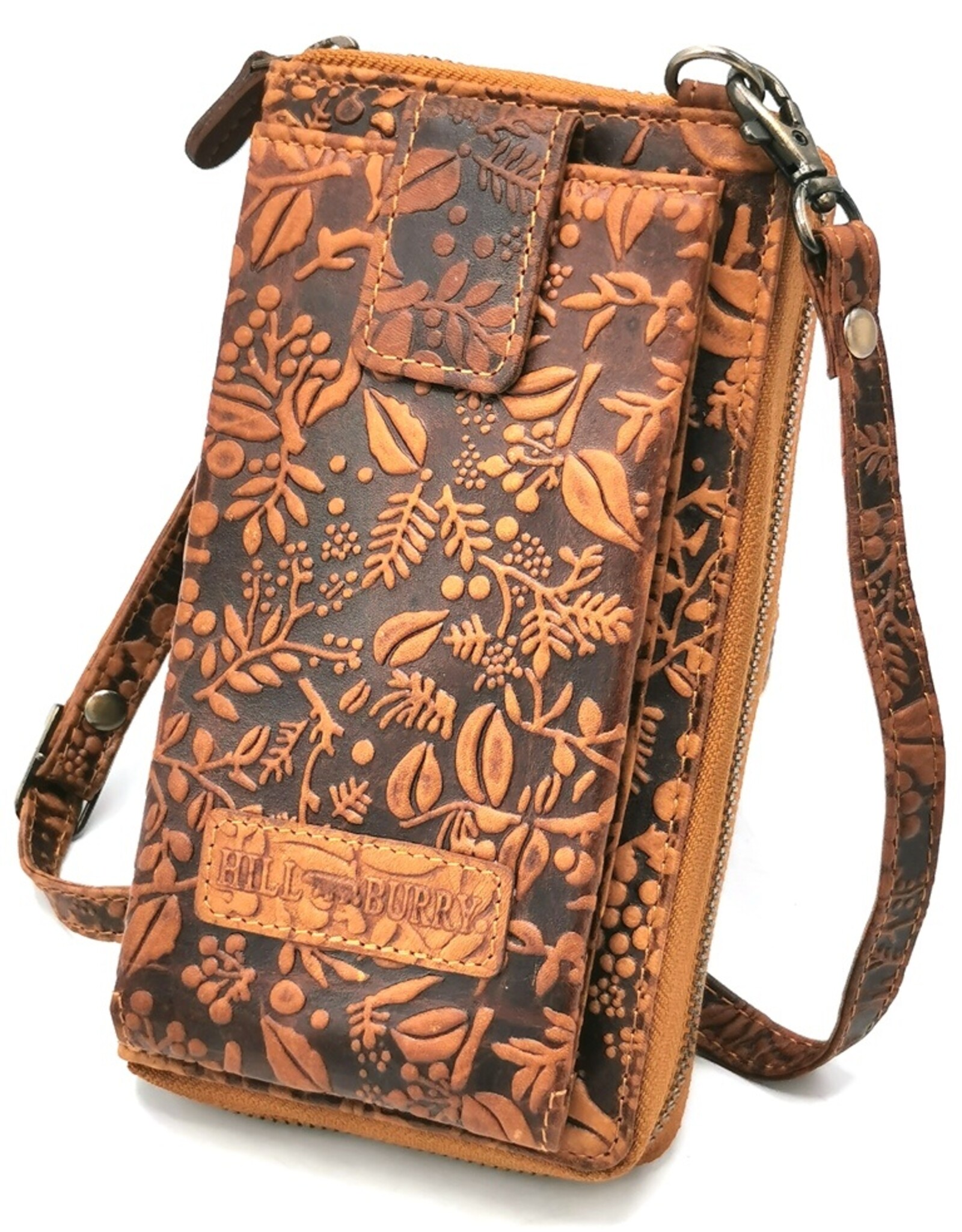 HillBurry Leather Festival bags, waist bags and belt bags - HillBurry Phone Bag-Wallet Embossed leaves tan