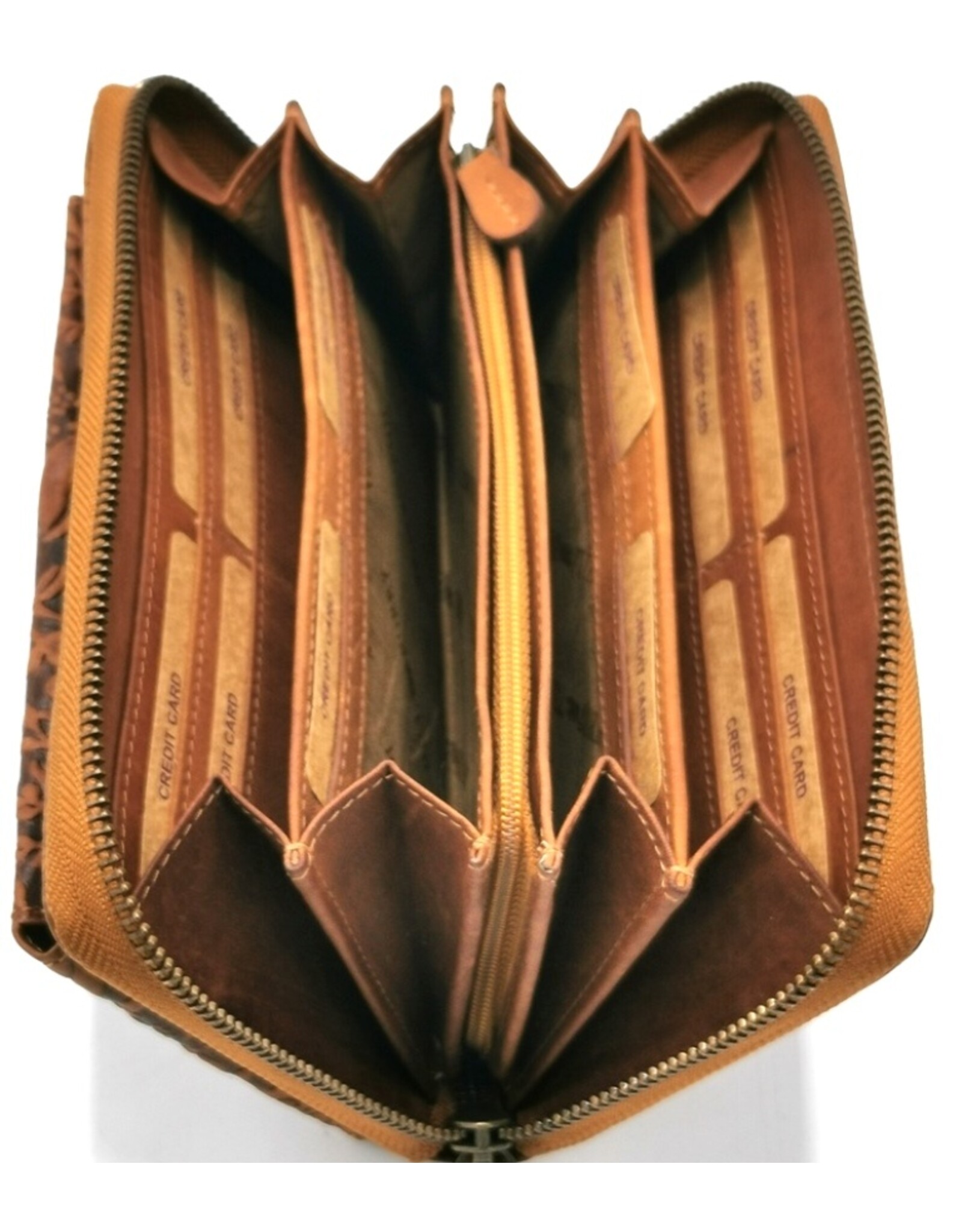 HillBurry Leren Festivaltasjes, heuptassen en riemtassen - HillBurry Telefoontas-Portemonnee Bladeren reliëf tan