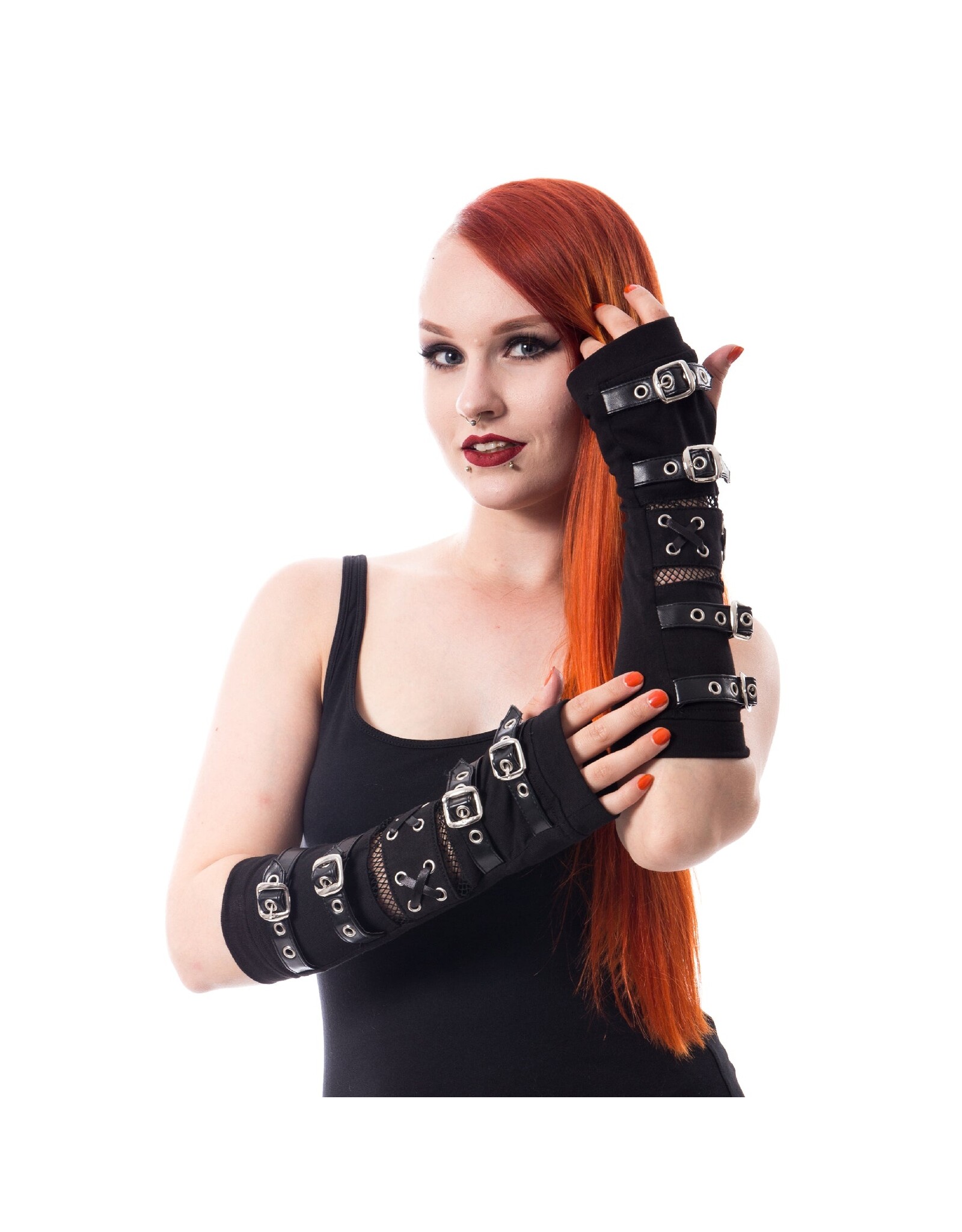 Poizen Industries Gothic en Steampunk accessoires - Poizen Industries RIOT Armwarmers met gespen en Vissersnet