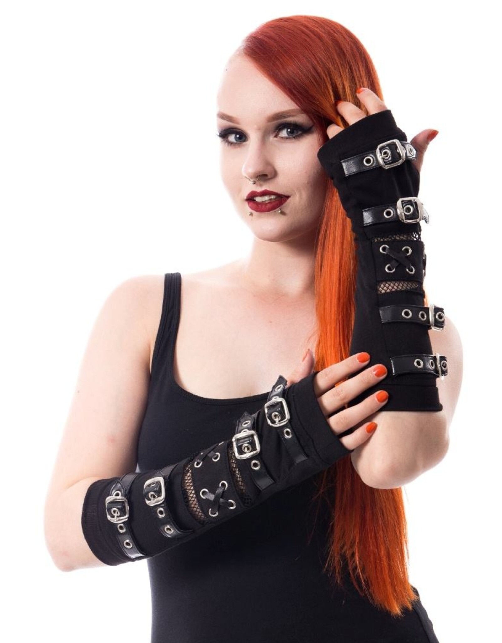 Poizen Industries Gothic en Steampunk accessoires - Poizen Industries RIOT Armwarmers met gespen en Vissersnet