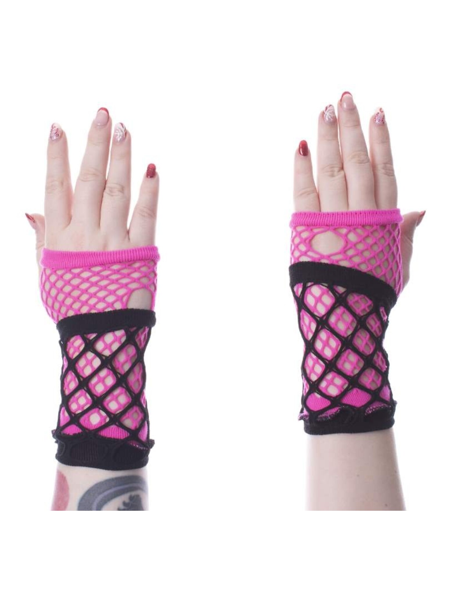 Poizen Industries Gothic en Steampunk accessoires - Poizen Industries RUBY Mesh Handschoenen Zwart-Roze