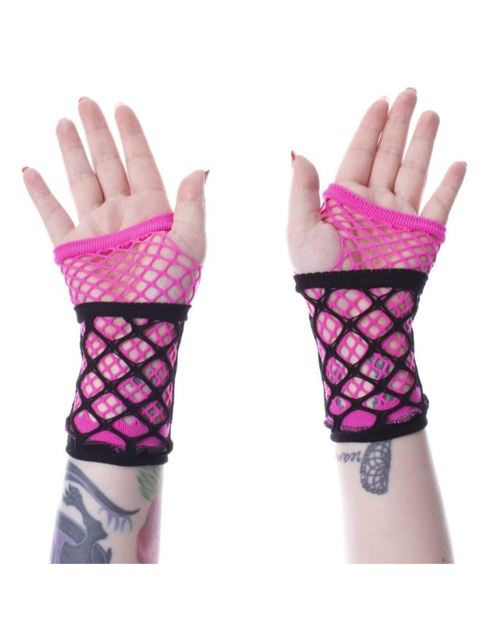 Poizen Industries Gothic en Steampunk accessoires - Poizen Industries RUBY Mesh Handschoenen Zwart-Roze