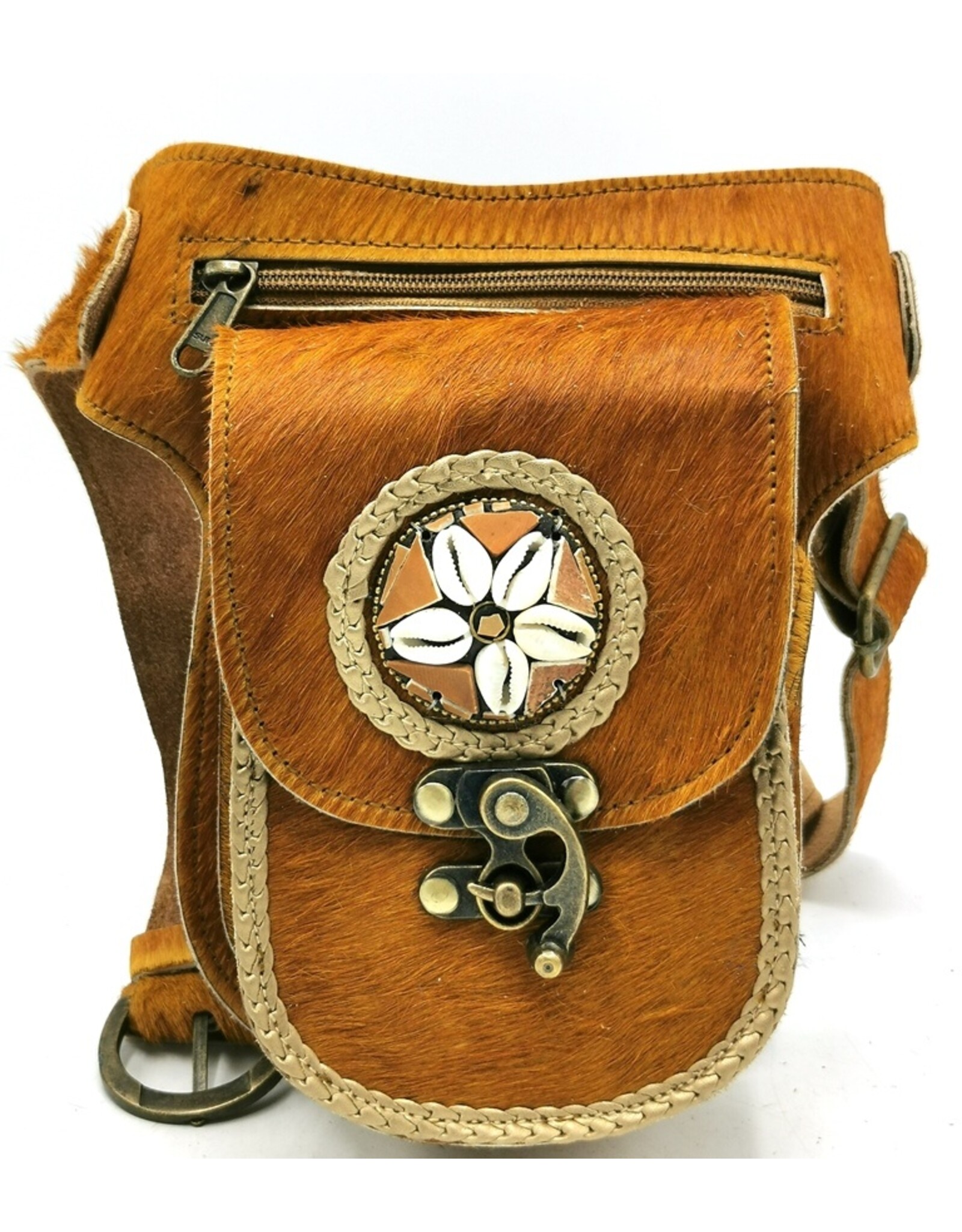 Trukado Leather Festival bags, waist bags and belt bags - Cowhide Hipbag with Shells and Vintage Hook Indian
