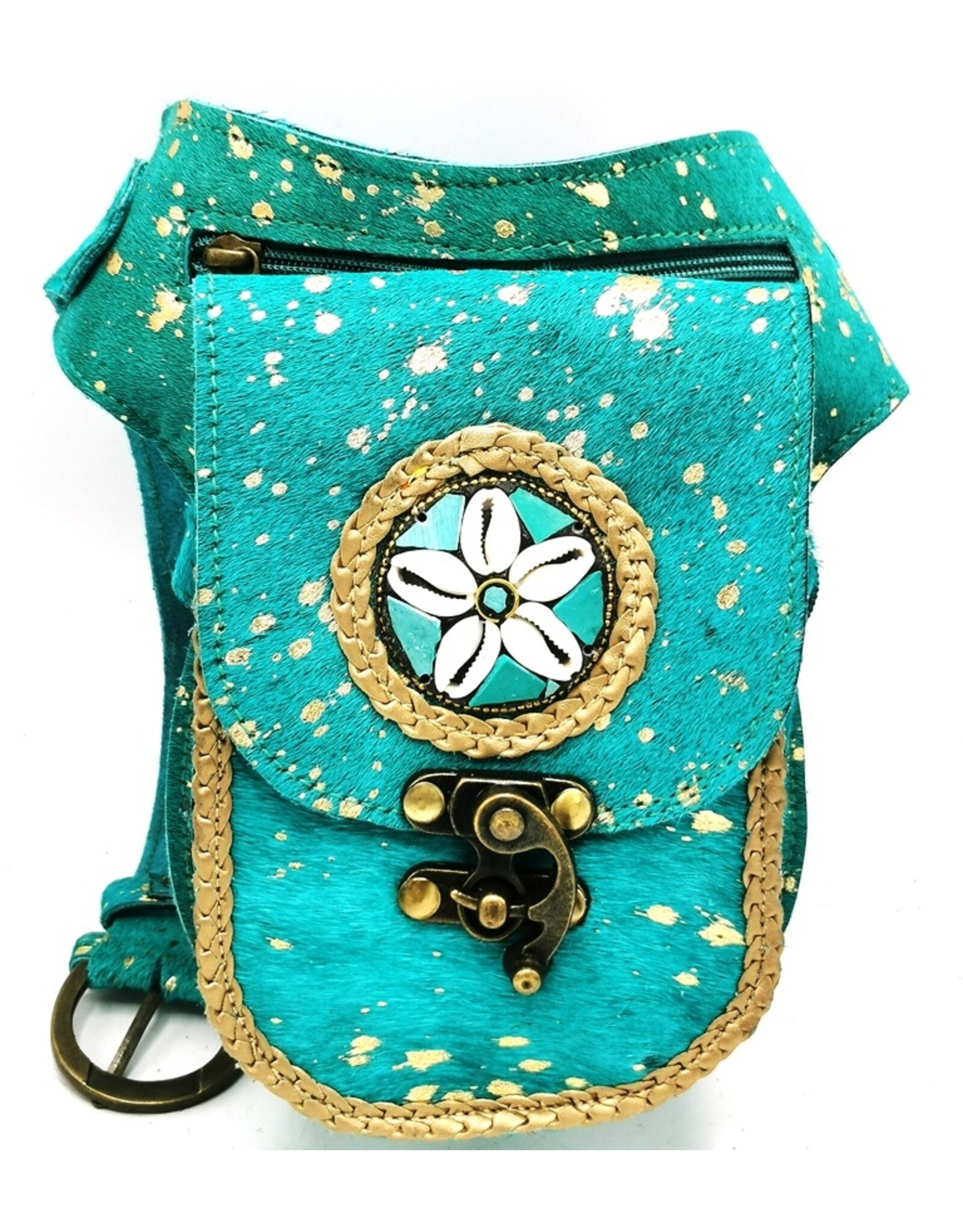 Trukado Leather Festival bags, waist bags and belt bags - Cowhide waist bag with vintage hook Turquoise-Gold Ibiza