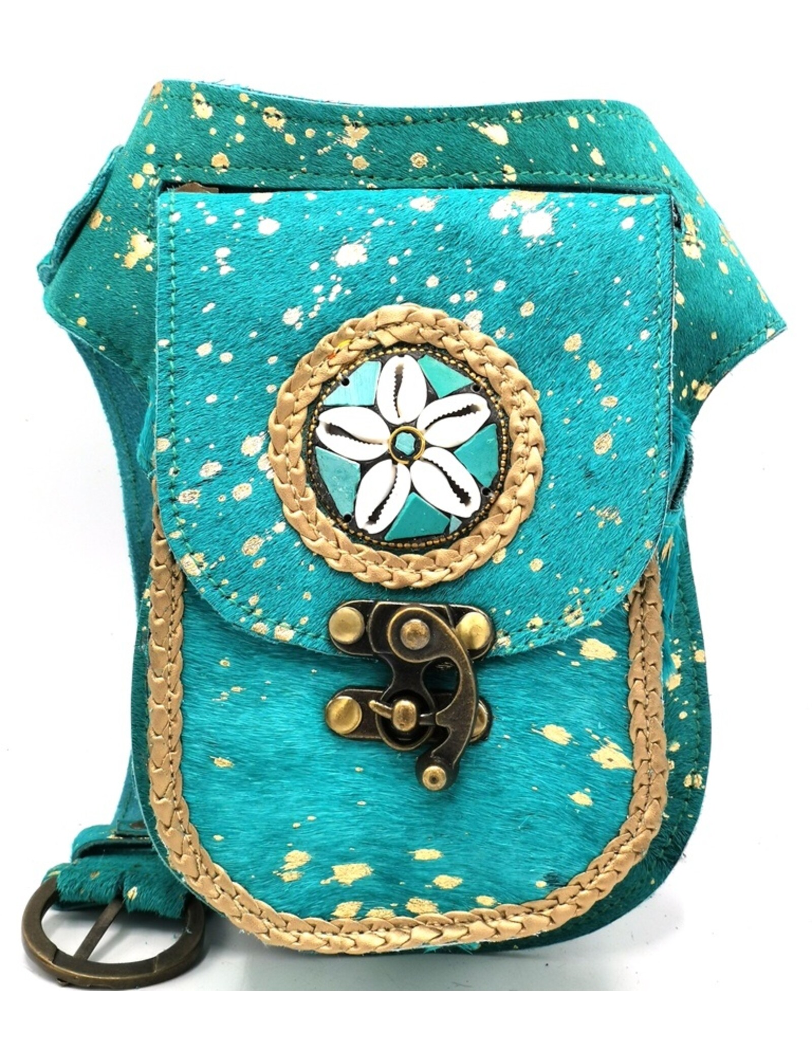 Trukado Leather Festival bags, waist bags and belt bags - Cowhide waist bag with vintage hook Turquoise-Gold Ibiza