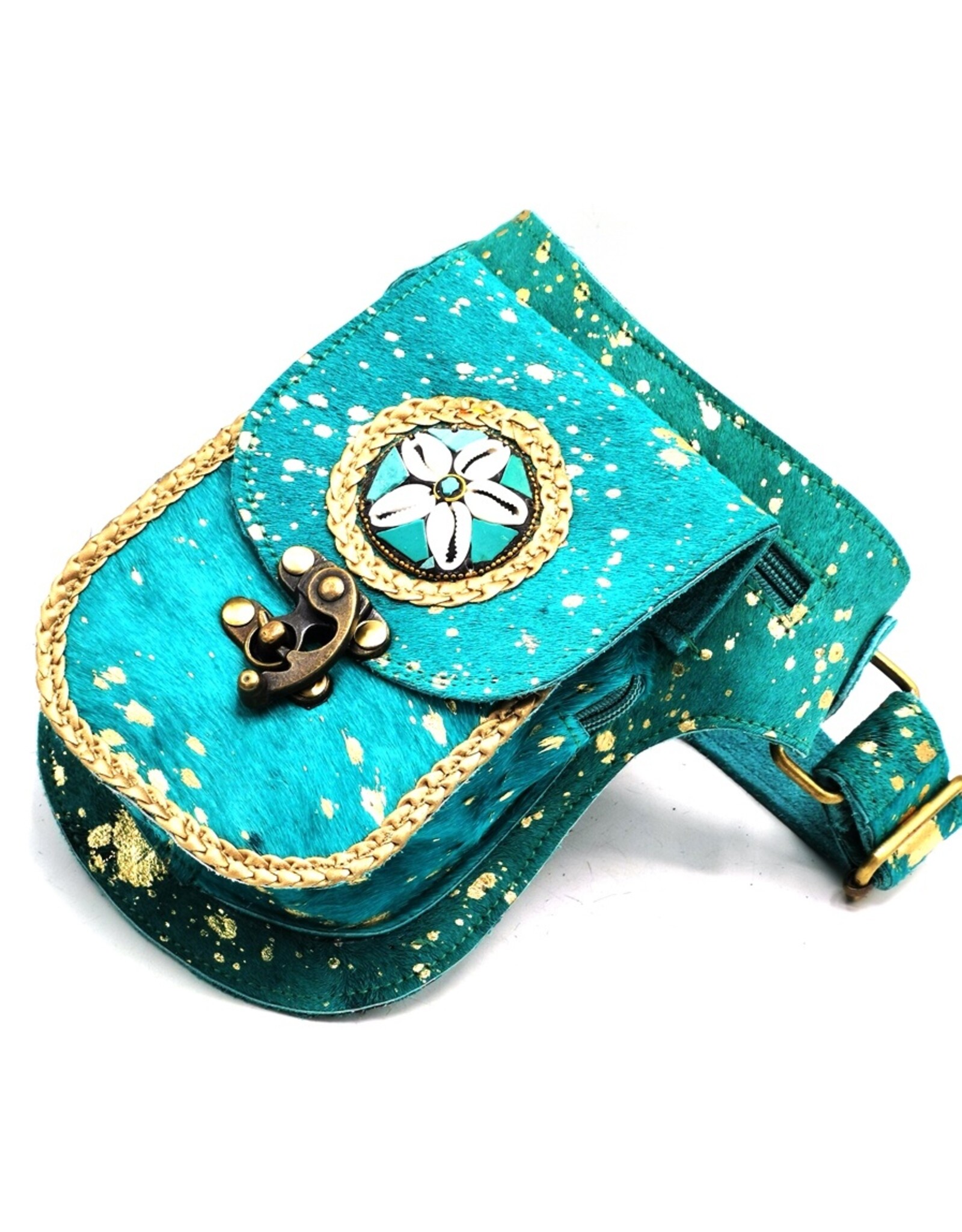 Trukado Leather Festival bags, waist bags and belt bags - Cowhide waist bag with vintage hook Turquoise-Gold Ibiza