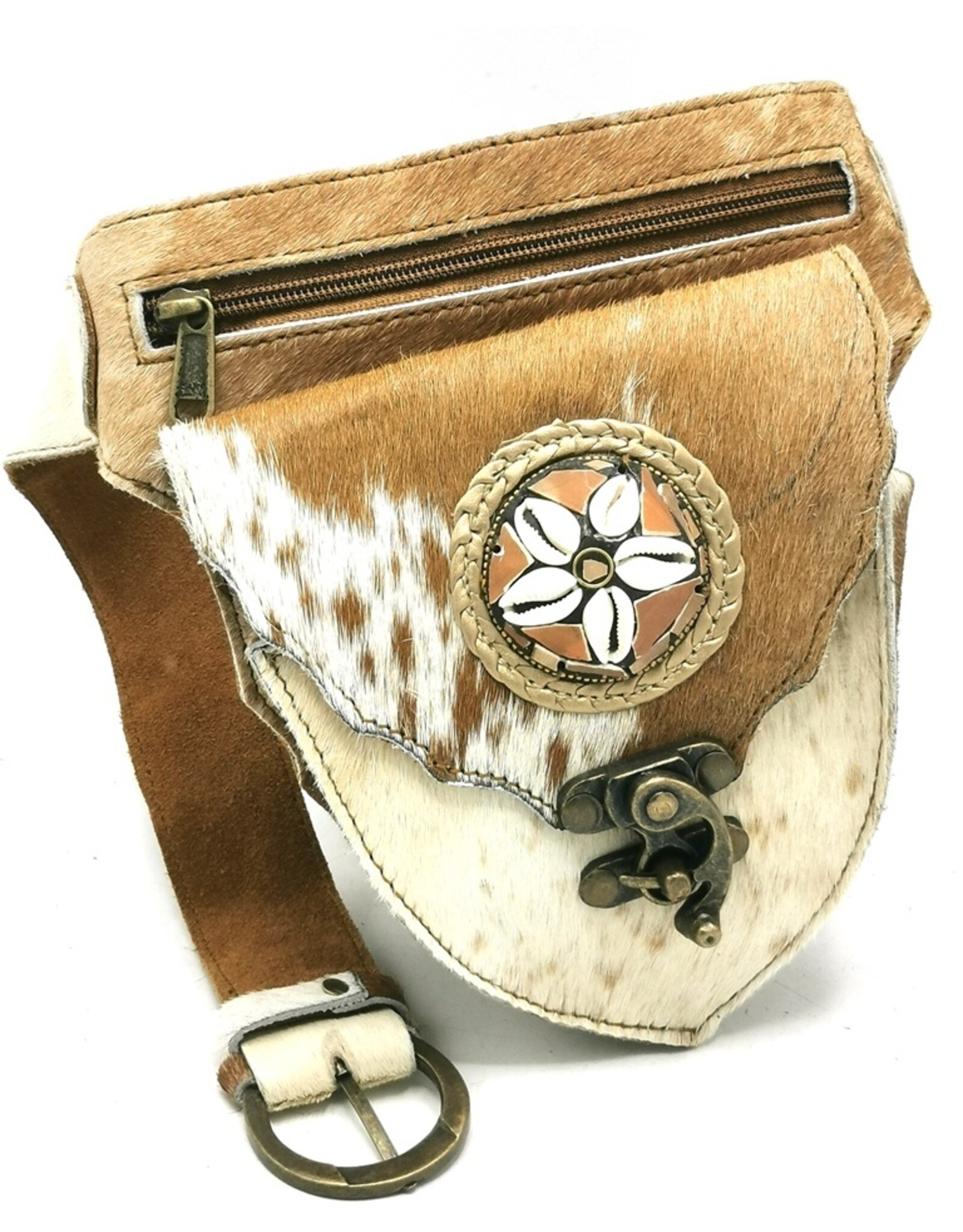 Trukado Leren Festivaltasjes, heuptassen en riemtassen -  Koeienhuid Heuptas  met Vintage Haakje bruin/creme/wit
