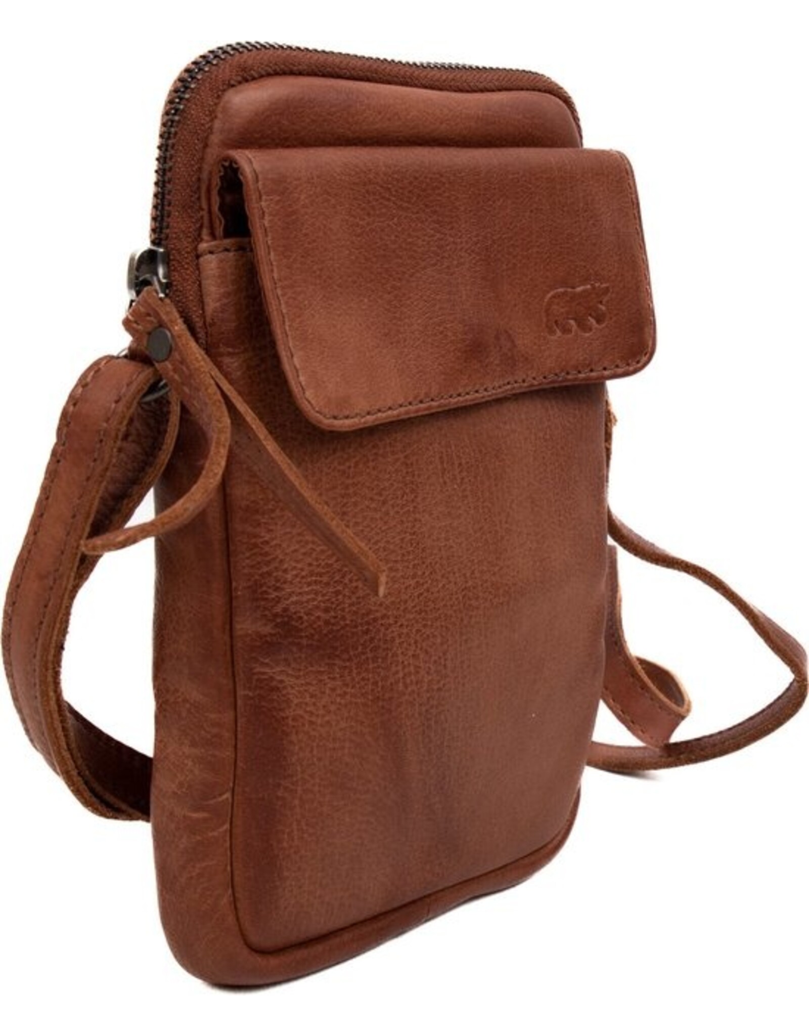 Bear Design Leather shoulderbags Leather crossbody bags - Bear Design Phone pouch 'Igor' cognac