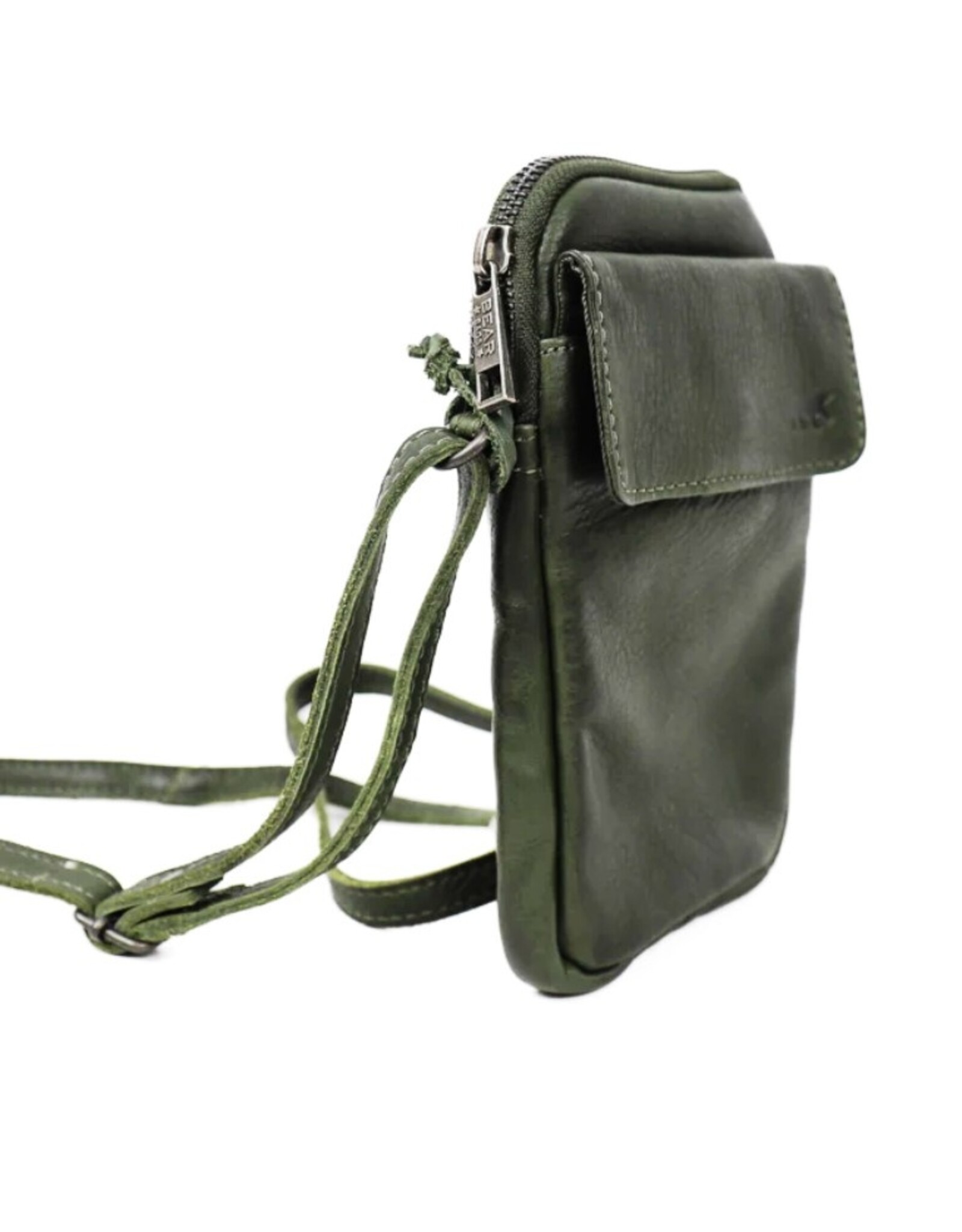 Bear Design Leather shoulderbags Leather crossbody bags - Bear Design Phone pouch 'Igor' green