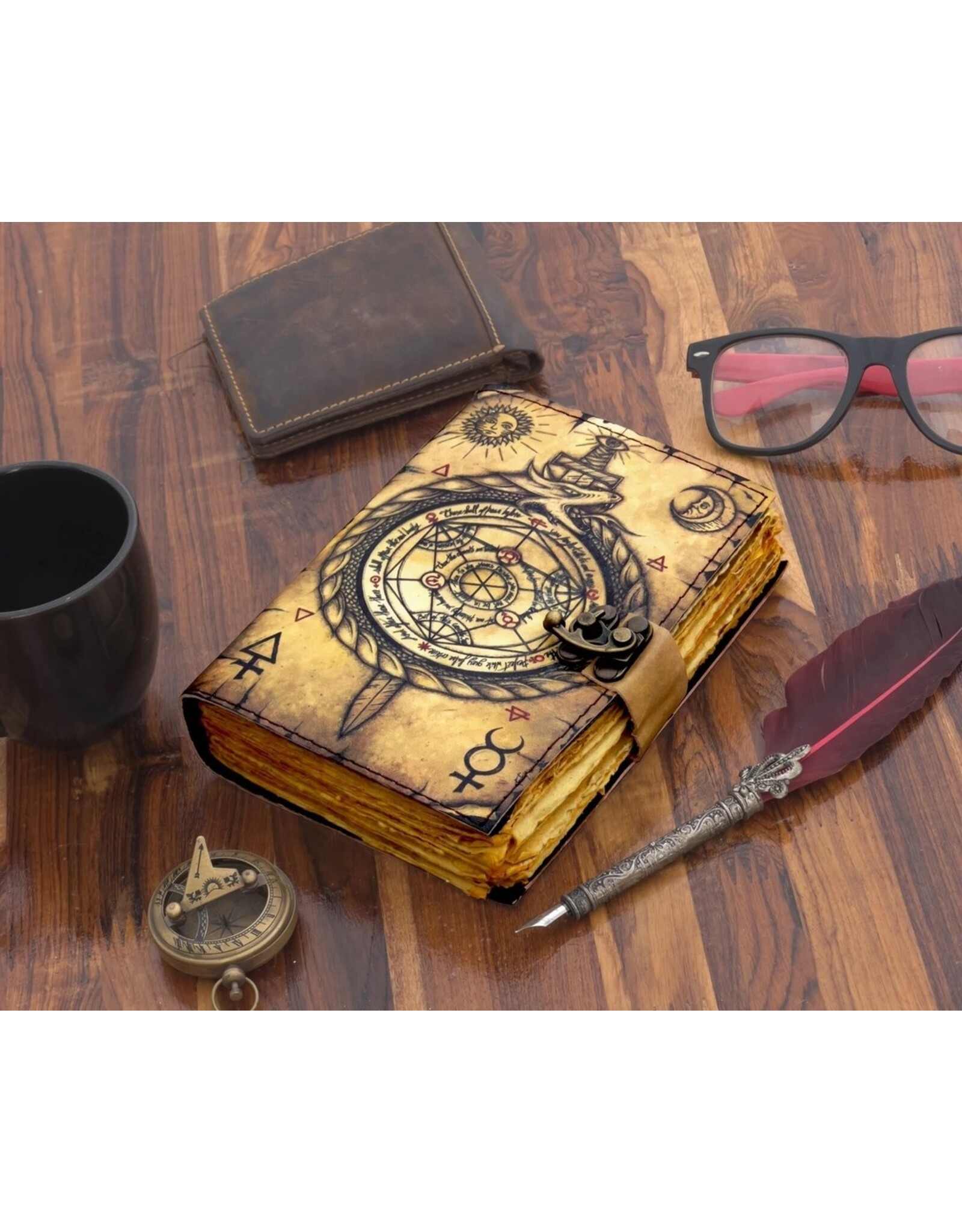 RK Handicrafts Miscellaneous - Leren Dagboek met Kompas en Kabbala Symbolen 18x13cm