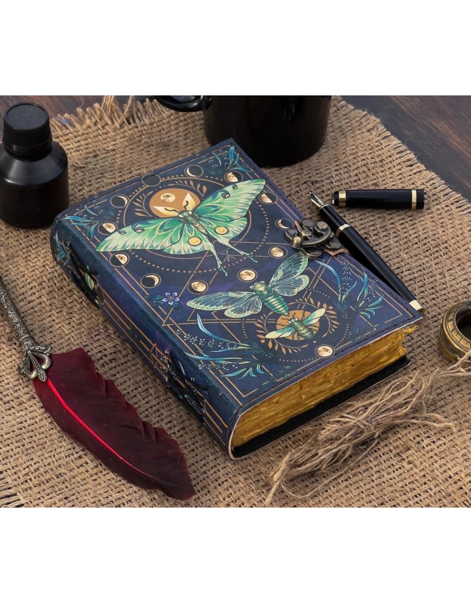 RK Handicrafts Miscellaneous - Leather Journal Luna Moth and Moon Phases  18x13cm