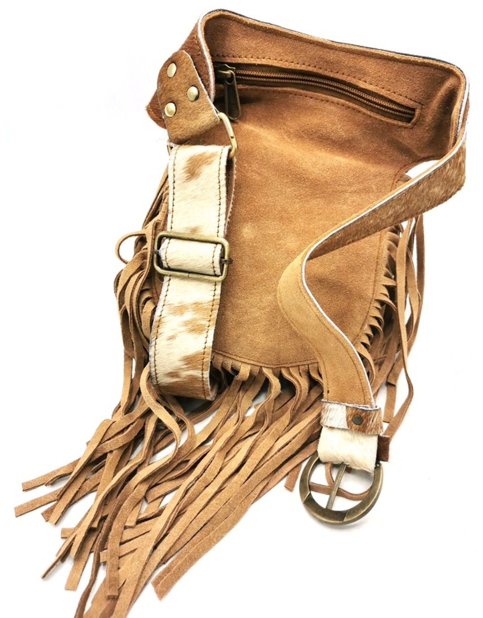 Trukado Leren Festivaltasjes, heuptassen en riemtassen - Koeienhuid Heuptas met Franjes en luipaard - Festivaltasje Koeienhuid