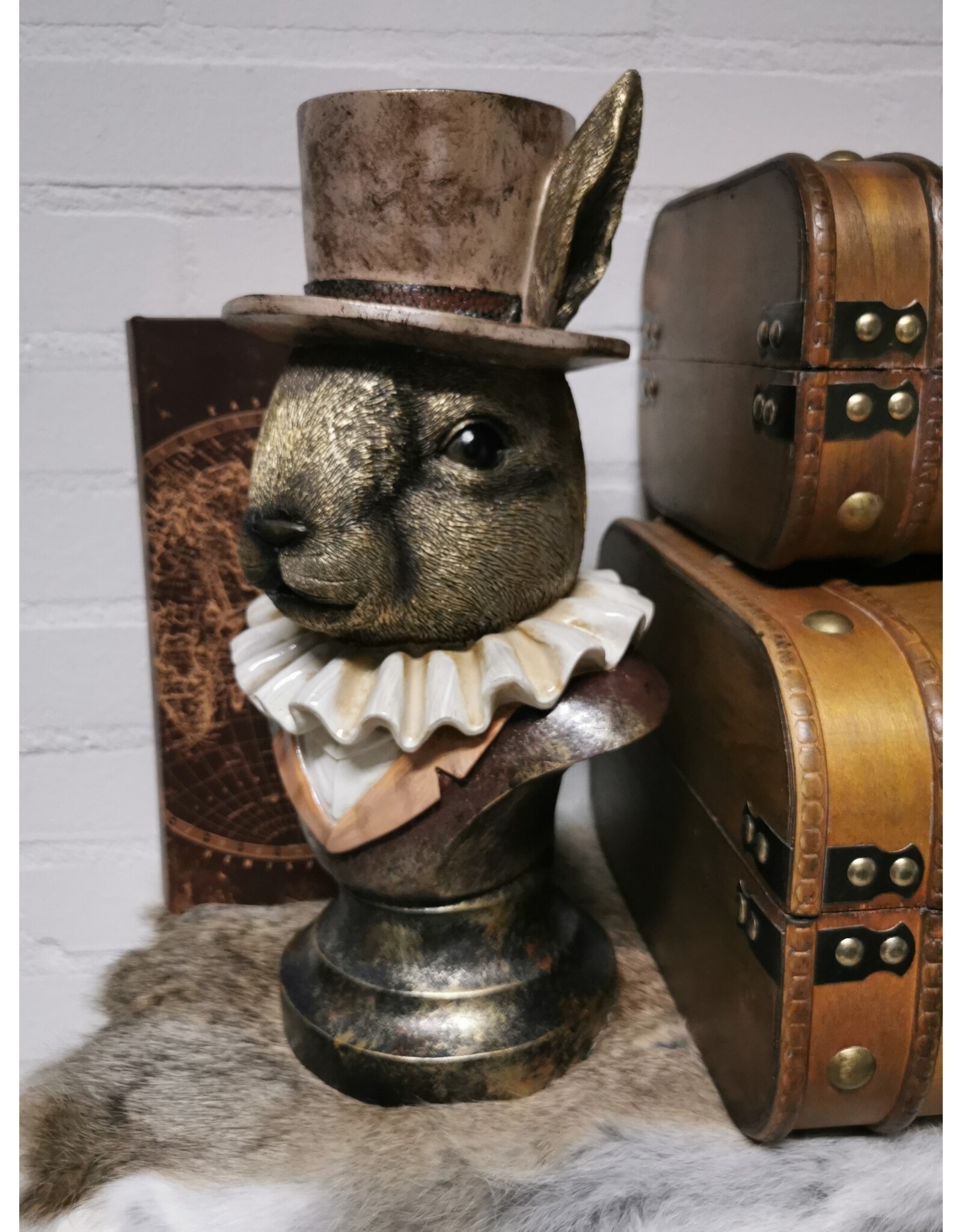 C&E Giftware Beelden Collectables - Konijn met Hoge Hoed en Plooikraag Buste 35cm