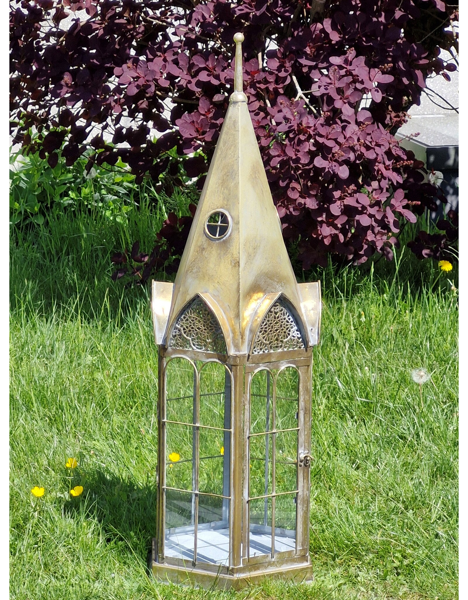JB Miscellaneous - Steeple Shaped Tin Lantern with Glass Windows Large