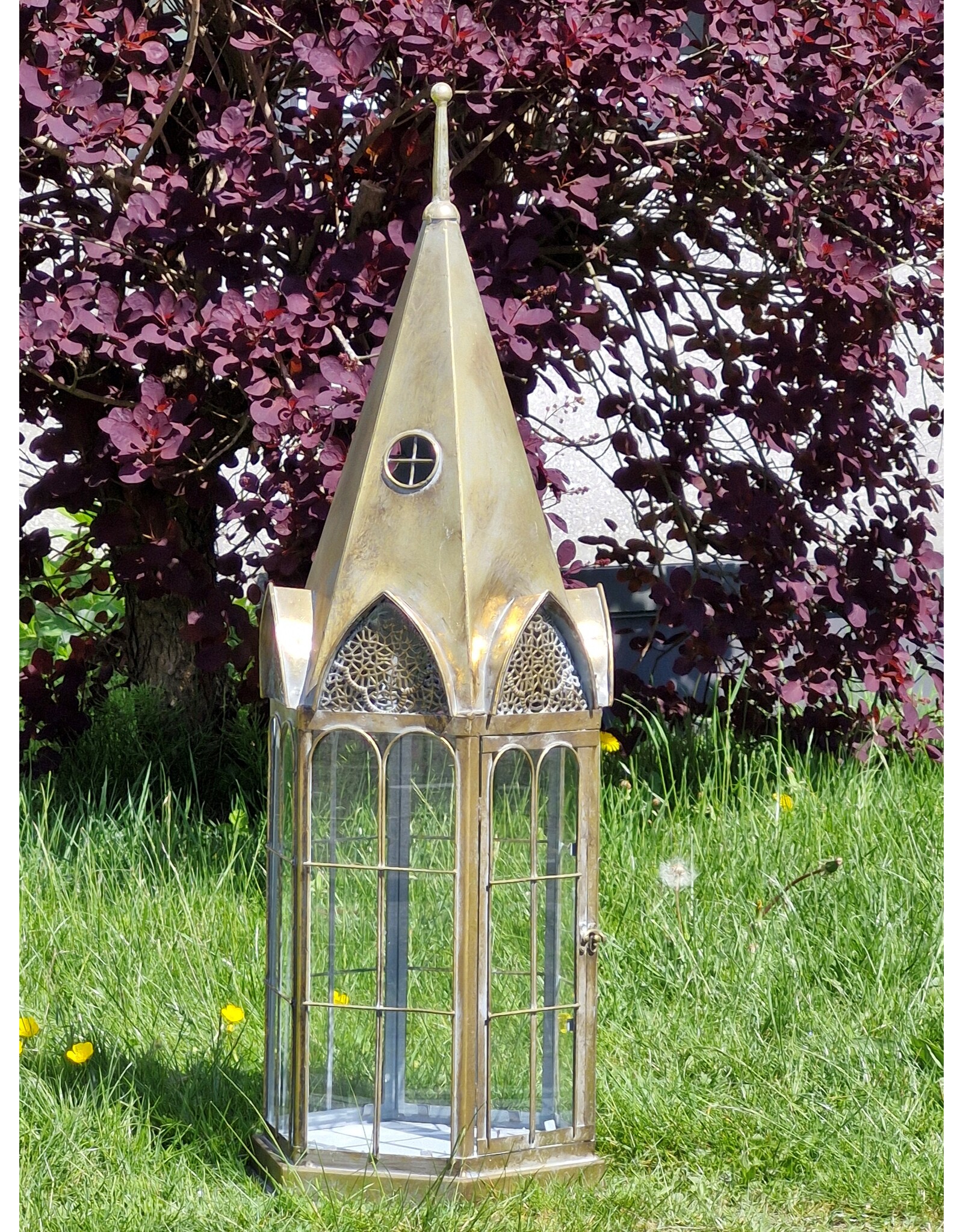 JB Miscellaneous - Steeple Shaped Tin Lantern with Glass Windows Large